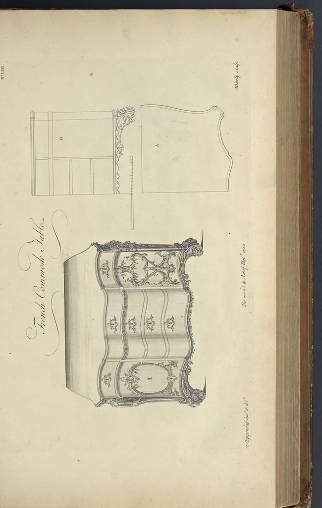 An illustration from The gentleman and cabinet-maker's director : being a large collection of the most elegant and useful designs of household furniture, in the most fashionable taste : including a great variety of chairs, cofas, beds, and couches : china-tables, dressing-tables, shaving-tables, bason-stands, and teakettle-stands : frames for marble-slabs, bureau-dressing-tables, and commodes : writing-tables, and library-tables : library-book-cases, organ-cases for private rooms, or churches, desks, and book-cases : dressing and writing-tables with book-cases, toilets, cabinets, and cloaths-presses : china-cases, china-shelves, and book-shelves : candle-stands, terms for busts, stands for china jars, and pedestals : cisterns for water, lanthorns, and chandeliers : fire-screens, brackets, and clock-cases : pier-glasses, and table-frames : girandoles, chimney-pieces, and picture-frames : stove-grates, boarders, frets, Chinese-railing, and brass-work, for furniture : and other ornaments : to which is prefixed, a short explanation of the five orders of architecture : with proper directions for executing the most difficult pieces, the mouldings being exhibited at large, and the dimensions of each design specified : the whole comprehended in two hundred copper-plates, neatly engraved ..., 1762, leaf 164