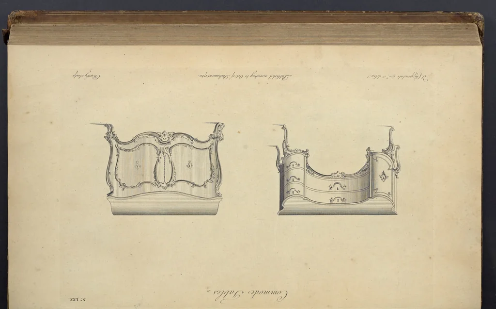 An illustration from The gentleman and cabinet-maker's director : being a large collection of the most elegant and useful designs of household furniture, in the most fashionable taste : including a great variety of chairs, cofas, beds, and couches : china-tables, dressing-tables, shaving-tables, bason-stands, and teakettle-stands : frames for marble-slabs, bureau-dressing-tables, and commodes : writing-tables, and library-tables : library-book-cases, organ-cases for private rooms, or churches, desks, and book-cases : dressing and writing-tables with book-cases, toilets, cabinets, and cloaths-presses : china-cases, china-shelves, and book-shelves : candle-stands, terms for busts, stands for china jars, and pedestals : cisterns for water, lanthorns, and chandeliers : fire-screens, brackets, and clock-cases : pier-glasses, and table-frames : girandoles, chimney-pieces, and picture-frames : stove-grates, boarders, frets, Chinese-railing, and brass-work, for furniture : and other ornaments : to which is prefixed, a short explanation of the five orders of architecture : with proper directions for executing the most difficult pieces, the mouldings being exhibited at large, and the dimensions of each design specified : the whole comprehended in two hundred copper-plates, neatly engraved ..., 1762, leaf 166