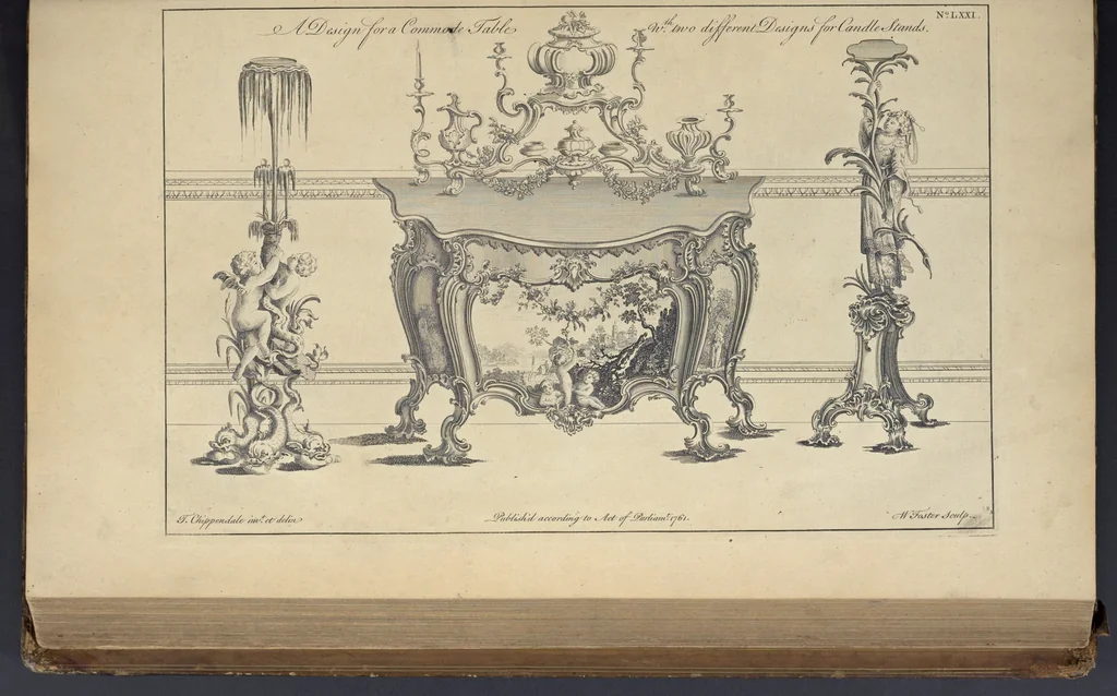 An illustration from The gentleman and cabinet-maker's director : being a large collection of the most elegant and useful designs of household furniture, in the most fashionable taste : including a great variety of chairs, cofas, beds, and couches : china-tables, dressing-tables, shaving-tables, bason-stands, and teakettle-stands : frames for marble-slabs, bureau-dressing-tables, and commodes : writing-tables, and library-tables : library-book-cases, organ-cases for private rooms, or churches, desks, and book-cases : dressing and writing-tables with book-cases, toilets, cabinets, and cloaths-presses : china-cases, china-shelves, and book-shelves : candle-stands, terms for busts, stands for china jars, and pedestals : cisterns for water, lanthorns, and chandeliers : fire-screens, brackets, and clock-cases : pier-glasses, and table-frames : girandoles, chimney-pieces, and picture-frames : stove-grates, boarders, frets, Chinese-railing, and brass-work, for furniture : and other ornaments : to which is prefixed, a short explanation of the five orders of architecture : with proper directions for executing the most difficult pieces, the mouldings being exhibited at large, and the dimensions of each design specified : the whole comprehended in two hundred copper-plates, neatly engraved ..., 1762, leaf 168