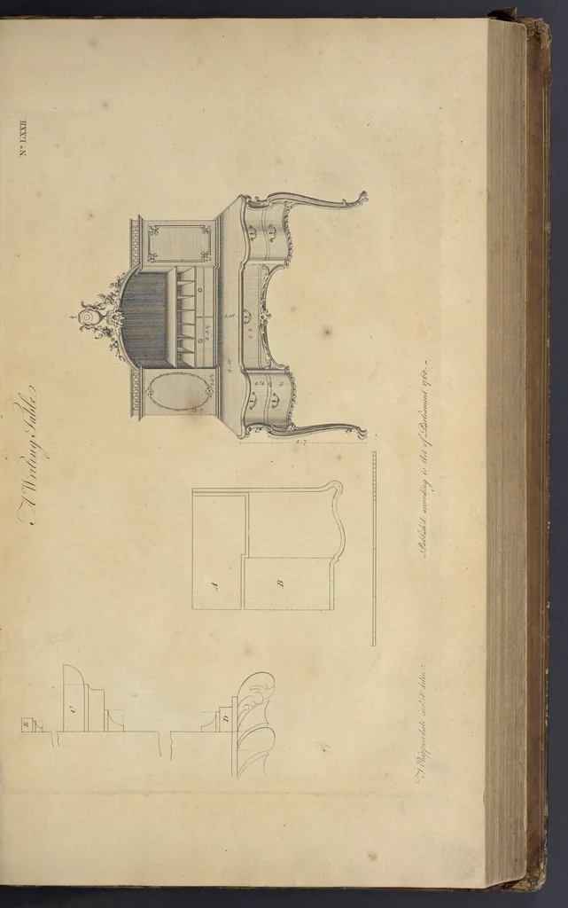 An illustration from The gentleman and cabinet-maker's director : being a large collection of the most elegant and useful designs of household furniture, in the most fashionable taste : including a great variety of chairs, cofas, beds, and couches : china-tables, dressing-tables, shaving-tables, bason-stands, and teakettle-stands : frames for marble-slabs, bureau-dressing-tables, and commodes : writing-tables, and library-tables : library-book-cases, organ-cases for private rooms, or churches, desks, and book-cases : dressing and writing-tables with book-cases, toilets, cabinets, and cloaths-presses : china-cases, china-shelves, and book-shelves : candle-stands, terms for busts, stands for china jars, and pedestals : cisterns for water, lanthorns, and chandeliers : fire-screens, brackets, and clock-cases : pier-glasses, and table-frames : girandoles, chimney-pieces, and picture-frames : stove-grates, boarders, frets, Chinese-railing, and brass-work, for furniture : and other ornaments : to which is prefixed, a short explanation of the five orders of architecture : with proper directions for executing the most difficult pieces, the mouldings being exhibited at large, and the dimensions of each design specified : the whole comprehended in two hundred copper-plates, neatly engraved ..., 1762, leaf 170