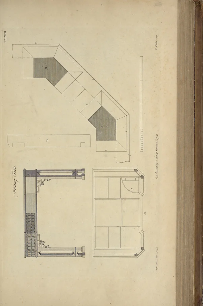 An illustration from The gentleman and cabinet-maker's director : being a large collection of the most elegant and useful designs of household furniture, in the most fashionable taste : including a great variety of chairs, cofas, beds, and couches : china-tables, dressing-tables, shaving-tables, bason-stands, and teakettle-stands : frames for marble-slabs, bureau-dressing-tables, and commodes : writing-tables, and library-tables : library-book-cases, organ-cases for private rooms, or churches, desks, and book-cases : dressing and writing-tables with book-cases, toilets, cabinets, and cloaths-presses : china-cases, china-shelves, and book-shelves : candle-stands, terms for busts, stands for china jars, and pedestals : cisterns for water, lanthorns, and chandeliers : fire-screens, brackets, and clock-cases : pier-glasses, and table-frames : girandoles, chimney-pieces, and picture-frames : stove-grates, boarders, frets, Chinese-railing, and brass-work, for furniture : and other ornaments : to which is prefixed, a short explanation of the five orders of architecture : with proper directions for executing the most difficult pieces, the mouldings being exhibited at large, and the dimensions of each design specified : the whole comprehended in two hundred copper-plates, neatly engraved ..., 1762, leaf 172