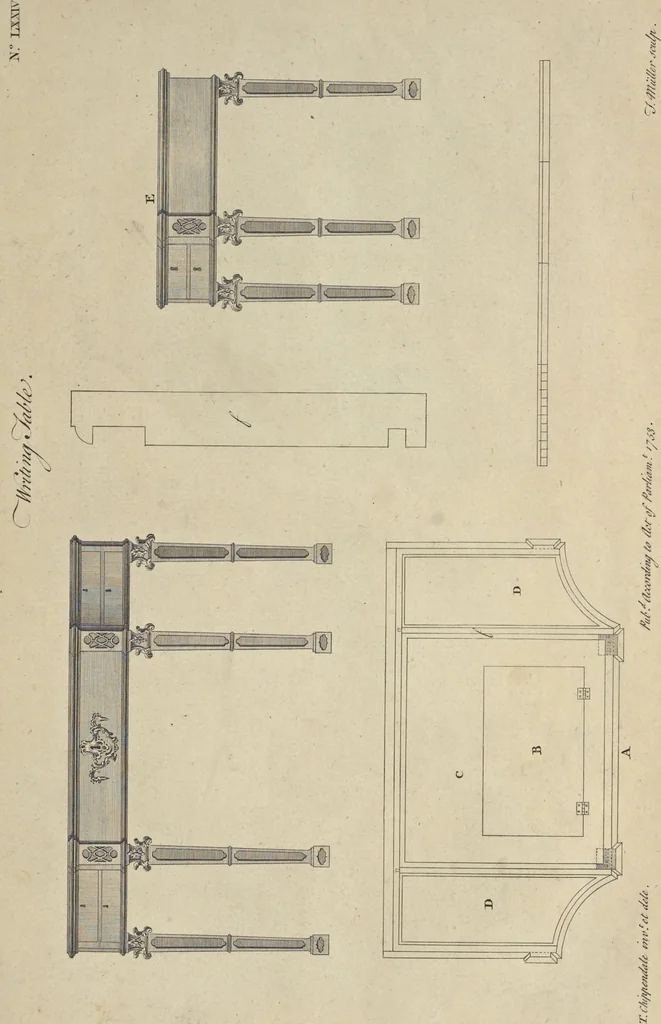 An illustration from The gentleman and cabinet-maker's director : being a large collection of the most elegant and useful designs of household furniture, in the most fashionable taste : including a great variety of chairs, cofas, beds, and couches : china-tables, dressing-tables, shaving-tables, bason-stands, and teakettle-stands : frames for marble-slabs, bureau-dressing-tables, and commodes : writing-tables, and library-tables : library-book-cases, organ-cases for private rooms, or churches, desks, and book-cases : dressing and writing-tables with book-cases, toilets, cabinets, and cloaths-presses : china-cases, china-shelves, and book-shelves : candle-stands, terms for busts, stands for china jars, and pedestals : cisterns for water, lanthorns, and chandeliers : fire-screens, brackets, and clock-cases : pier-glasses, and table-frames : girandoles, chimney-pieces, and picture-frames : stove-grates, boarders, frets, Chinese-railing, and brass-work, for furniture : and other ornaments : to which is prefixed, a short explanation of the five orders of architecture : with proper directions for executing the most difficult pieces, the mouldings being exhibited at large, and the dimensions of each design specified : the whole comprehended in two hundred copper-plates, neatly engraved ..., 1762, leaf 174