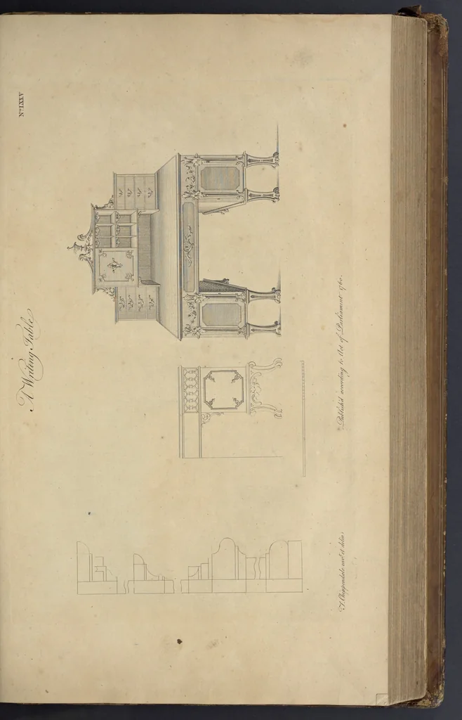 An illustration from The gentleman and cabinet-maker's director : being a large collection of the most elegant and useful designs of household furniture, in the most fashionable taste : including a great variety of chairs, cofas, beds, and couches : china-tables, dressing-tables, shaving-tables, bason-stands, and teakettle-stands : frames for marble-slabs, bureau-dressing-tables, and commodes : writing-tables, and library-tables : library-book-cases, organ-cases for private rooms, or churches, desks, and book-cases : dressing and writing-tables with book-cases, toilets, cabinets, and cloaths-presses : china-cases, china-shelves, and book-shelves : candle-stands, terms for busts, stands for china jars, and pedestals : cisterns for water, lanthorns, and chandeliers : fire-screens, brackets, and clock-cases : pier-glasses, and table-frames : girandoles, chimney-pieces, and picture-frames : stove-grates, boarders, frets, Chinese-railing, and brass-work, for furniture : and other ornaments : to which is prefixed, a short explanation of the five orders of architecture : with proper directions for executing the most difficult pieces, the mouldings being exhibited at large, and the dimensions of each design specified : the whole comprehended in two hundred copper-plates, neatly engraved ..., 1762, leaf 176