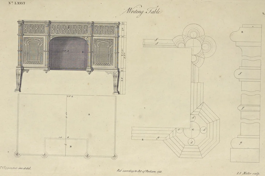 An illustration from The gentleman and cabinet-maker's director : being a large collection of the most elegant and useful designs of household furniture, in the most fashionable taste : including a great variety of chairs, cofas, beds, and couches : china-tables, dressing-tables, shaving-tables, bason-stands, and teakettle-stands : frames for marble-slabs, bureau-dressing-tables, and commodes : writing-tables, and library-tables : library-book-cases, organ-cases for private rooms, or churches, desks, and book-cases : dressing and writing-tables with book-cases, toilets, cabinets, and cloaths-presses : china-cases, china-shelves, and book-shelves : candle-stands, terms for busts, stands for china jars, and pedestals : cisterns for water, lanthorns, and chandeliers : fire-screens, brackets, and clock-cases : pier-glasses, and table-frames : girandoles, chimney-pieces, and picture-frames : stove-grates, boarders, frets, Chinese-railing, and brass-work, for furniture : and other ornaments : to which is prefixed, a short explanation of the five orders of architecture : with proper directions for executing the most difficult pieces, the mouldings being exhibited at large, and the dimensions of each design specified : the whole comprehended in two hundred copper-plates, neatly engraved ..., 1762, leaf 178