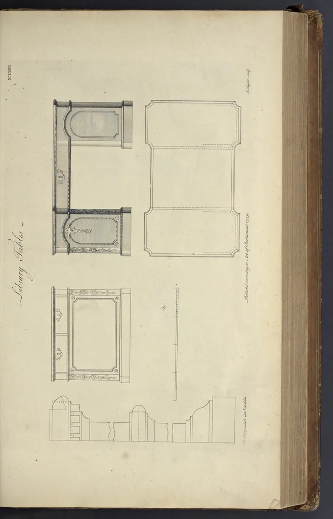 An illustration from The gentleman and cabinet-maker's director : being a large collection of the most elegant and useful designs of household furniture, in the most fashionable taste : including a great variety of chairs, cofas, beds, and couches : china-tables, dressing-tables, shaving-tables, bason-stands, and teakettle-stands : frames for marble-slabs, bureau-dressing-tables, and commodes : writing-tables, and library-tables : library-book-cases, organ-cases for private rooms, or churches, desks, and book-cases : dressing and writing-tables with book-cases, toilets, cabinets, and cloaths-presses : china-cases, china-shelves, and book-shelves : candle-stands, terms for busts, stands for china jars, and pedestals : cisterns for water, lanthorns, and chandeliers : fire-screens, brackets, and clock-cases : pier-glasses, and table-frames : girandoles, chimney-pieces, and picture-frames : stove-grates, boarders, frets, Chinese-railing, and brass-work, for furniture : and other ornaments : to which is prefixed, a short explanation of the five orders of architecture : with proper directions for executing the most difficult pieces, the mouldings being exhibited at large, and the dimensions of each design specified : the whole comprehended in two hundred copper-plates, neatly engraved ..., 1762, leaf 180