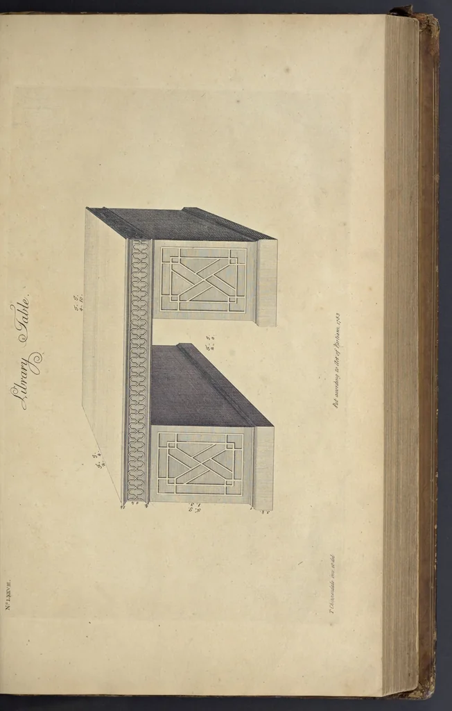An illustration from The gentleman and cabinet-maker's director : being a large collection of the most elegant and useful designs of household furniture, in the most fashionable taste : including a great variety of chairs, cofas, beds, and couches : china-tables, dressing-tables, shaving-tables, bason-stands, and teakettle-stands : frames for marble-slabs, bureau-dressing-tables, and commodes : writing-tables, and library-tables : library-book-cases, organ-cases for private rooms, or churches, desks, and book-cases : dressing and writing-tables with book-cases, toilets, cabinets, and cloaths-presses : china-cases, china-shelves, and book-shelves : candle-stands, terms for busts, stands for china jars, and pedestals : cisterns for water, lanthorns, and chandeliers : fire-screens, brackets, and clock-cases : pier-glasses, and table-frames : girandoles, chimney-pieces, and picture-frames : stove-grates, boarders, frets, Chinese-railing, and brass-work, for furniture : and other ornaments : to which is prefixed, a short explanation of the five orders of architecture : with proper directions for executing the most difficult pieces, the mouldings being exhibited at large, and the dimensions of each design specified : the whole comprehended in two hundred copper-plates, neatly engraved ..., 1762, leaf 182