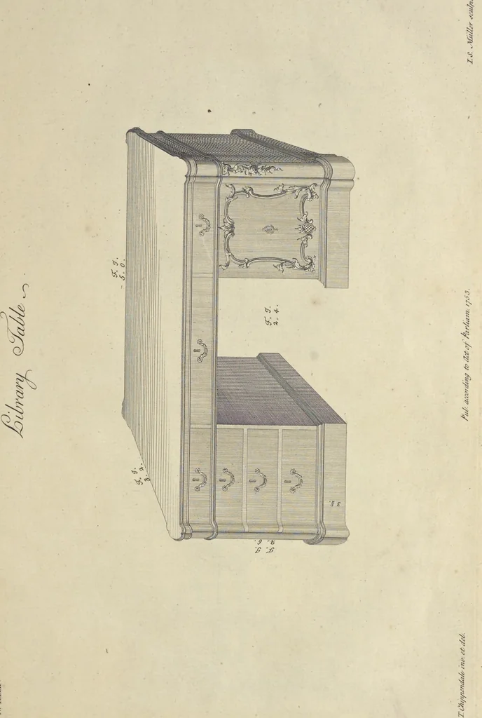 An illustration from The gentleman and cabinet-maker's director : being a large collection of the most elegant and useful designs of household furniture, in the most fashionable taste : including a great variety of chairs, cofas, beds, and couches : china-tables, dressing-tables, shaving-tables, bason-stands, and teakettle-stands : frames for marble-slabs, bureau-dressing-tables, and commodes : writing-tables, and library-tables : library-book-cases, organ-cases for private rooms, or churches, desks, and book-cases : dressing and writing-tables with book-cases, toilets, cabinets, and cloaths-presses : china-cases, china-shelves, and book-shelves : candle-stands, terms for busts, stands for china jars, and pedestals : cisterns for water, lanthorns, and chandeliers : fire-screens, brackets, and clock-cases : pier-glasses, and table-frames : girandoles, chimney-pieces, and picture-frames : stove-grates, boarders, frets, Chinese-railing, and brass-work, for furniture : and other ornaments : to which is prefixed, a short explanation of the five orders of architecture : with proper directions for executing the most difficult pieces, the mouldings being exhibited at large, and the dimensions of each design specified : the whole comprehended in two hundred copper-plates, neatly engraved ..., 1762, leaf 188