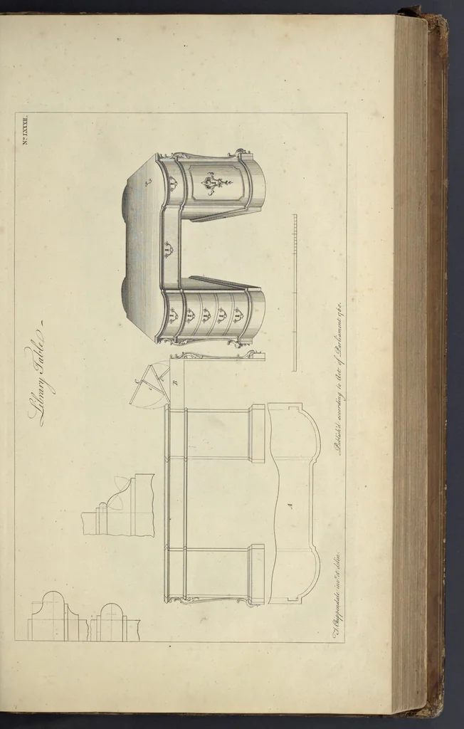 An illustration from The gentleman and cabinet-maker's director : being a large collection of the most elegant and useful designs of household furniture, in the most fashionable taste : including a great variety of chairs, cofas, beds, and couches : china-tables, dressing-tables, shaving-tables, bason-stands, and teakettle-stands : frames for marble-slabs, bureau-dressing-tables, and commodes : writing-tables, and library-tables : library-book-cases, organ-cases for private rooms, or churches, desks, and book-cases : dressing and writing-tables with book-cases, toilets, cabinets, and cloaths-presses : china-cases, china-shelves, and book-shelves : candle-stands, terms for busts, stands for china jars, and pedestals : cisterns for water, lanthorns, and chandeliers : fire-screens, brackets, and clock-cases : pier-glasses, and table-frames : girandoles, chimney-pieces, and picture-frames : stove-grates, boarders, frets, Chinese-railing, and brass-work, for furniture : and other ornaments : to which is prefixed, a short explanation of the five orders of architecture : with proper directions for executing the most difficult pieces, the mouldings being exhibited at large, and the dimensions of each design specified : the whole comprehended in two hundred copper-plates, neatly engraved ..., 1762, leaf 190