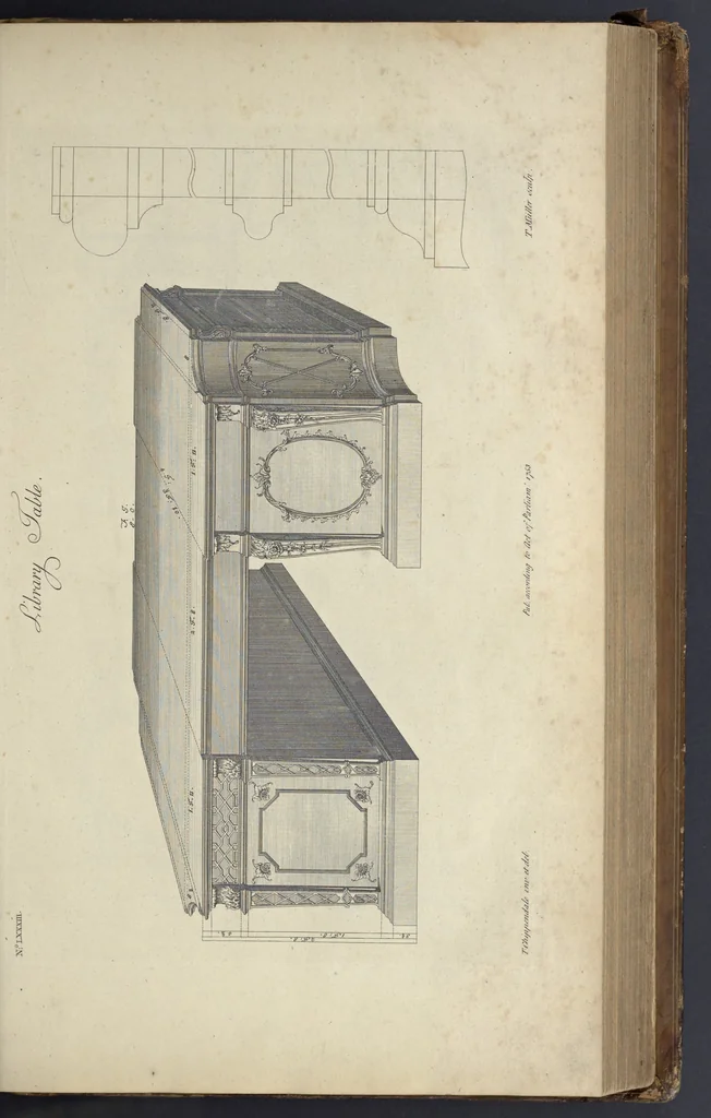 An illustration from The gentleman and cabinet-maker's director : being a large collection of the most elegant and useful designs of household furniture, in the most fashionable taste : including a great variety of chairs, cofas, beds, and couches : china-tables, dressing-tables, shaving-tables, bason-stands, and teakettle-stands : frames for marble-slabs, bureau-dressing-tables, and commodes : writing-tables, and library-tables : library-book-cases, organ-cases for private rooms, or churches, desks, and book-cases : dressing and writing-tables with book-cases, toilets, cabinets, and cloaths-presses : china-cases, china-shelves, and book-shelves : candle-stands, terms for busts, stands for china jars, and pedestals : cisterns for water, lanthorns, and chandeliers : fire-screens, brackets, and clock-cases : pier-glasses, and table-frames : girandoles, chimney-pieces, and picture-frames : stove-grates, boarders, frets, Chinese-railing, and brass-work, for furniture : and other ornaments : to which is prefixed, a short explanation of the five orders of architecture : with proper directions for executing the most difficult pieces, the mouldings being exhibited at large, and the dimensions of each design specified : the whole comprehended in two hundred copper-plates, neatly engraved ..., 1762, leaf 192