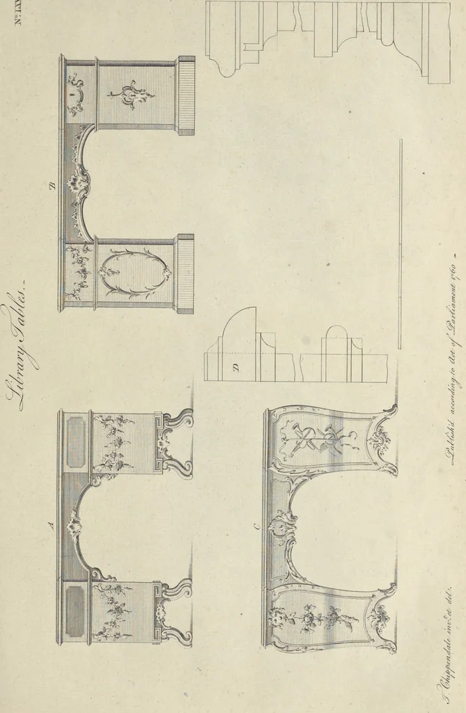 An illustration from The gentleman and cabinet-maker's director : being a large collection of the most elegant and useful designs of household furniture, in the most fashionable taste : including a great variety of chairs, cofas, beds, and couches : china-tables, dressing-tables, shaving-tables, bason-stands, and teakettle-stands : frames for marble-slabs, bureau-dressing-tables, and commodes : writing-tables, and library-tables : library-book-cases, organ-cases for private rooms, or churches, desks, and book-cases : dressing and writing-tables with book-cases, toilets, cabinets, and cloaths-presses : china-cases, china-shelves, and book-shelves : candle-stands, terms for busts, stands for china jars, and pedestals : cisterns for water, lanthorns, and chandeliers : fire-screens, brackets, and clock-cases : pier-glasses, and table-frames : girandoles, chimney-pieces, and picture-frames : stove-grates, boarders, frets, Chinese-railing, and brass-work, for furniture : and other ornaments : to which is prefixed, a short explanation of the five orders of architecture : with proper directions for executing the most difficult pieces, the mouldings being exhibited at large, and the dimensions of each design specified : the whole comprehended in two hundred copper-plates, neatly engraved ..., 1762, leaf 194