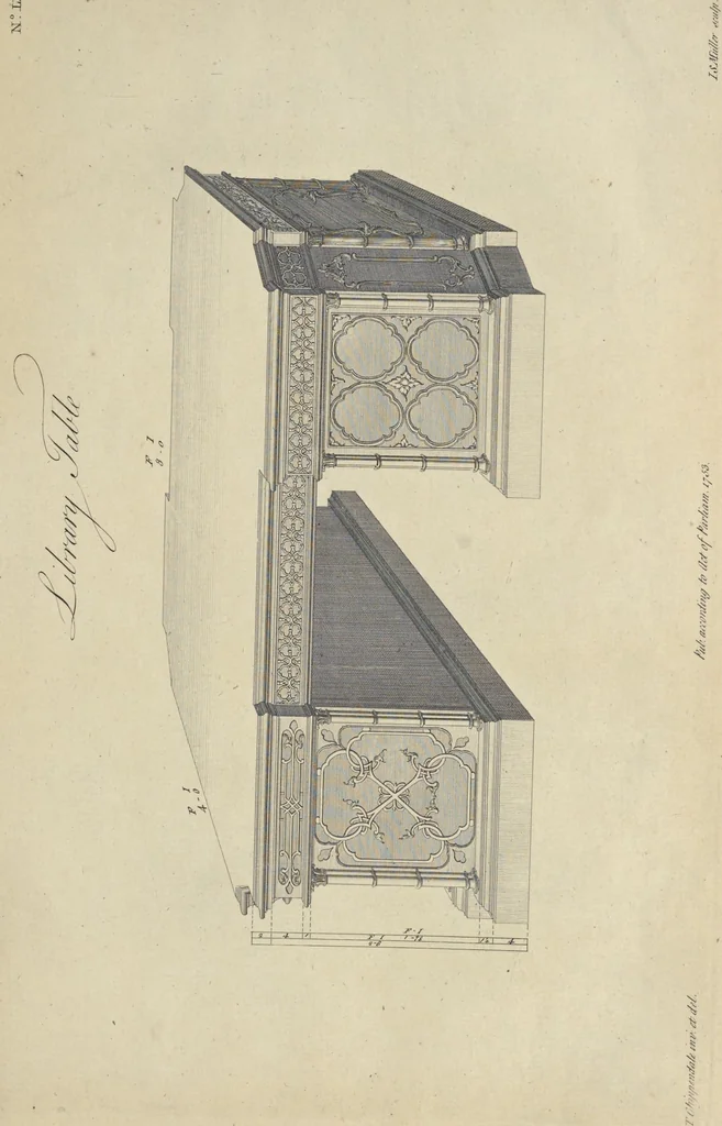 An illustration from The gentleman and cabinet-maker's director : being a large collection of the most elegant and useful designs of household furniture, in the most fashionable taste : including a great variety of chairs, cofas, beds, and couches : china-tables, dressing-tables, shaving-tables, bason-stands, and teakettle-stands : frames for marble-slabs, bureau-dressing-tables, and commodes : writing-tables, and library-tables : library-book-cases, organ-cases for private rooms, or churches, desks, and book-cases : dressing and writing-tables with book-cases, toilets, cabinets, and cloaths-presses : china-cases, china-shelves, and book-shelves : candle-stands, terms for busts, stands for china jars, and pedestals : cisterns for water, lanthorns, and chandeliers : fire-screens, brackets, and clock-cases : pier-glasses, and table-frames : girandoles, chimney-pieces, and picture-frames : stove-grates, boarders, frets, Chinese-railing, and brass-work, for furniture : and other ornaments : to which is prefixed, a short explanation of the five orders of architecture : with proper directions for executing the most difficult pieces, the mouldings being exhibited at large, and the dimensions of each design specified : the whole comprehended in two hundred copper-plates, neatly engraved ..., 1762, leaf 196