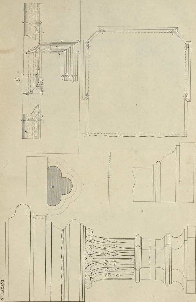 An illustration from The gentleman and cabinet-maker's director : being a large collection of the most elegant and useful designs of household furniture, in the most fashionable taste : including a great variety of chairs, cofas, beds, and couches : china-tables, dressing-tables, shaving-tables, bason-stands, and teakettle-stands : frames for marble-slabs, bureau-dressing-tables, and commodes : writing-tables, and library-tables : library-book-cases, organ-cases for private rooms, or churches, desks, and book-cases : dressing and writing-tables with book-cases, toilets, cabinets, and cloaths-presses : china-cases, china-shelves, and book-shelves : candle-stands, terms for busts, stands for china jars, and pedestals : cisterns for water, lanthorns, and chandeliers : fire-screens, brackets, and clock-cases : pier-glasses, and table-frames : girandoles, chimney-pieces, and picture-frames : stove-grates, boarders, frets, Chinese-railing, and brass-work, for furniture : and other ornaments : to which is prefixed, a short explanation of the five orders of architecture : with proper directions for executing the most difficult pieces, the mouldings being exhibited at large, and the dimensions of each design specified : the whole comprehended in two hundred copper-plates, neatly engraved ..., 1762, leaf 198