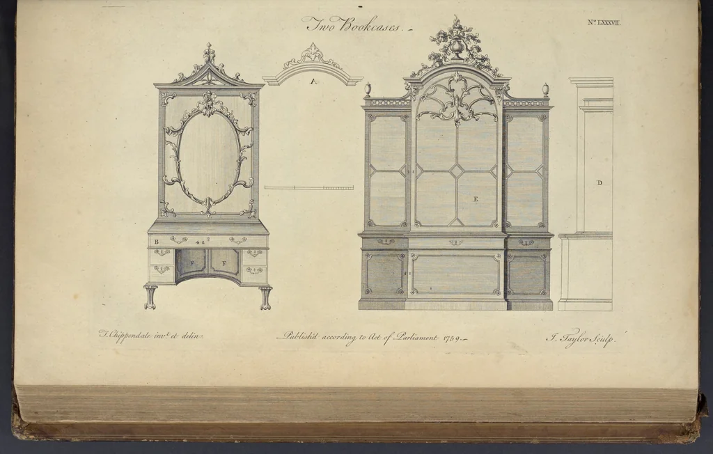 An illustration from The gentleman and cabinet-maker's director : being a large collection of the most elegant and useful designs of household furniture, in the most fashionable taste : including a great variety of chairs, cofas, beds, and couches : china-tables, dressing-tables, shaving-tables, bason-stands, and teakettle-stands : frames for marble-slabs, bureau-dressing-tables, and commodes : writing-tables, and library-tables : library-book-cases, organ-cases for private rooms, or churches, desks, and book-cases : dressing and writing-tables with book-cases, toilets, cabinets, and cloaths-presses : china-cases, china-shelves, and book-shelves : candle-stands, terms for busts, stands for china jars, and pedestals : cisterns for water, lanthorns, and chandeliers : fire-screens, brackets, and clock-cases : pier-glasses, and table-frames : girandoles, chimney-pieces, and picture-frames : stove-grates, boarders, frets, Chinese-railing, and brass-work, for furniture : and other ornaments : to which is prefixed, a short explanation of the five orders of architecture : with proper directions for executing the most difficult pieces, the mouldings being exhibited at large, and the dimensions of each design specified : the whole comprehended in two hundred copper-plates, neatly engraved ..., 1762, leaf 200