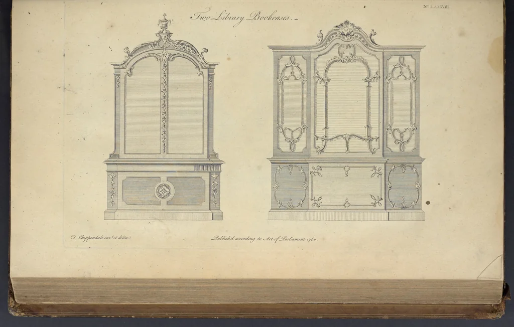 An illustration from The gentleman and cabinet-maker's director : being a large collection of the most elegant and useful designs of household furniture, in the most fashionable taste : including a great variety of chairs, cofas, beds, and couches : china-tables, dressing-tables, shaving-tables, bason-stands, and teakettle-stands : frames for marble-slabs, bureau-dressing-tables, and commodes : writing-tables, and library-tables : library-book-cases, organ-cases for private rooms, or churches, desks, and book-cases : dressing and writing-tables with book-cases, toilets, cabinets, and cloaths-presses : china-cases, china-shelves, and book-shelves : candle-stands, terms for busts, stands for china jars, and pedestals : cisterns for water, lanthorns, and chandeliers : fire-screens, brackets, and clock-cases : pier-glasses, and table-frames : girandoles, chimney-pieces, and picture-frames : stove-grates, boarders, frets, Chinese-railing, and brass-work, for furniture : and other ornaments : to which is prefixed, a short explanation of the five orders of architecture : with proper directions for executing the most difficult pieces, the mouldings being exhibited at large, and the dimensions of each design specified : the whole comprehended in two hundred copper-plates, neatly engraved ..., 1762, leaf 202