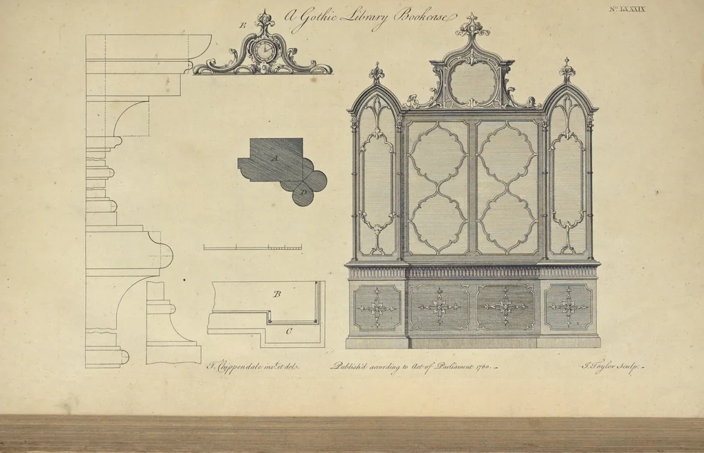 An illustration from The gentleman and cabinet-maker's director : being a large collection of the most elegant and useful designs of household furniture, in the most fashionable taste : including a great variety of chairs, cofas, beds, and couches : china-tables, dressing-tables, shaving-tables, bason-stands, and teakettle-stands : frames for marble-slabs, bureau-dressing-tables, and commodes : writing-tables, and library-tables : library-book-cases, organ-cases for private rooms, or churches, desks, and book-cases : dressing and writing-tables with book-cases, toilets, cabinets, and cloaths-presses : china-cases, china-shelves, and book-shelves : candle-stands, terms for busts, stands for china jars, and pedestals : cisterns for water, lanthorns, and chandeliers : fire-screens, brackets, and clock-cases : pier-glasses, and table-frames : girandoles, chimney-pieces, and picture-frames : stove-grates, boarders, frets, Chinese-railing, and brass-work, for furniture : and other ornaments : to which is prefixed, a short explanation of the five orders of architecture : with proper directions for executing the most difficult pieces, the mouldings being exhibited at large, and the dimensions of each design specified : the whole comprehended in two hundred copper-plates, neatly engraved ..., 1762, leaf 204