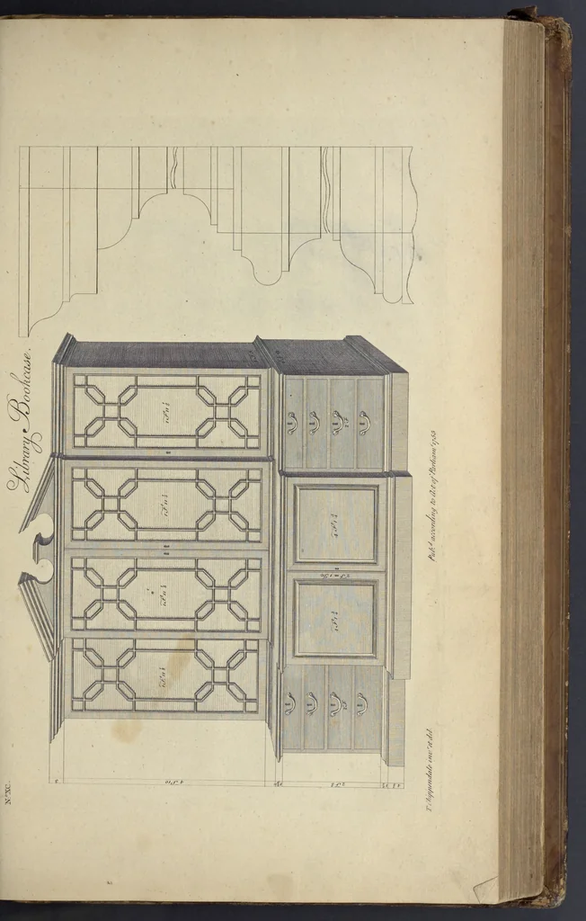 An illustration from The gentleman and cabinet-maker's director : being a large collection of the most elegant and useful designs of household furniture, in the most fashionable taste : including a great variety of chairs, cofas, beds, and couches : china-tables, dressing-tables, shaving-tables, bason-stands, and teakettle-stands : frames for marble-slabs, bureau-dressing-tables, and commodes : writing-tables, and library-tables : library-book-cases, organ-cases for private rooms, or churches, desks, and book-cases : dressing and writing-tables with book-cases, toilets, cabinets, and cloaths-presses : china-cases, china-shelves, and book-shelves : candle-stands, terms for busts, stands for china jars, and pedestals : cisterns for water, lanthorns, and chandeliers : fire-screens, brackets, and clock-cases : pier-glasses, and table-frames : girandoles, chimney-pieces, and picture-frames : stove-grates, boarders, frets, Chinese-railing, and brass-work, for furniture : and other ornaments : to which is prefixed, a short explanation of the five orders of architecture : with proper directions for executing the most difficult pieces, the mouldings being exhibited at large, and the dimensions of each design specified : the whole comprehended in two hundred copper-plates, neatly engraved ..., 1762, leaf 206