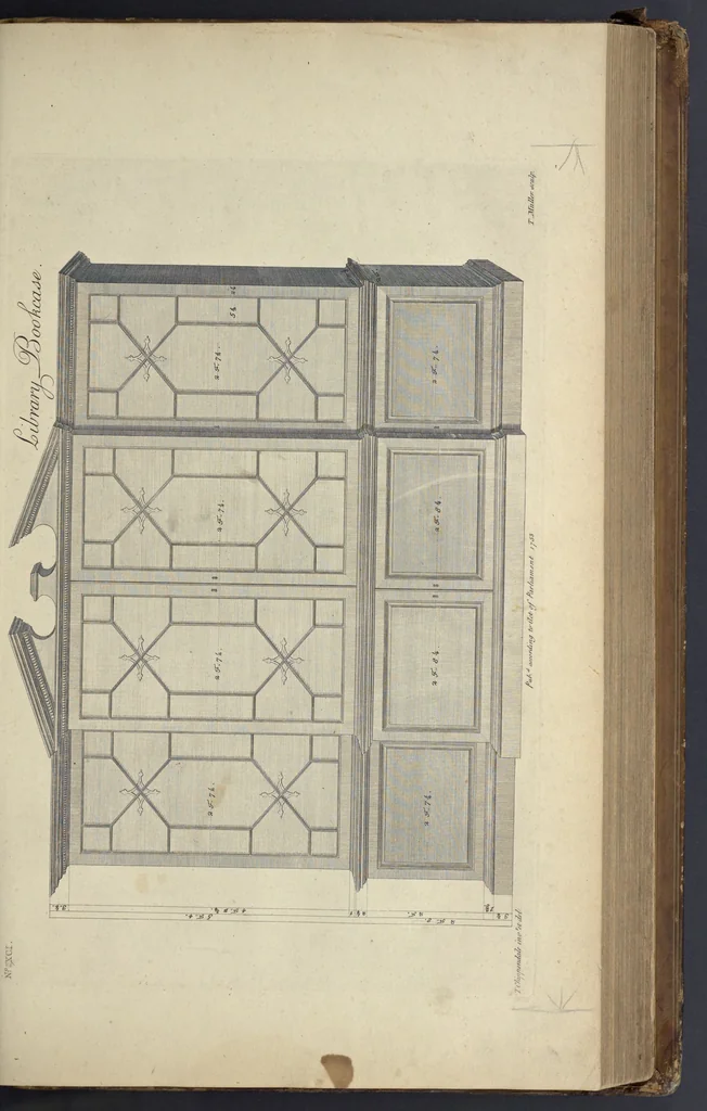 An illustration from The gentleman and cabinet-maker's director : being a large collection of the most elegant and useful designs of household furniture, in the most fashionable taste : including a great variety of chairs, cofas, beds, and couches : china-tables, dressing-tables, shaving-tables, bason-stands, and teakettle-stands : frames for marble-slabs, bureau-dressing-tables, and commodes : writing-tables, and library-tables : library-book-cases, organ-cases for private rooms, or churches, desks, and book-cases : dressing and writing-tables with book-cases, toilets, cabinets, and cloaths-presses : china-cases, china-shelves, and book-shelves : candle-stands, terms for busts, stands for china jars, and pedestals : cisterns for water, lanthorns, and chandeliers : fire-screens, brackets, and clock-cases : pier-glasses, and table-frames : girandoles, chimney-pieces, and picture-frames : stove-grates, boarders, frets, Chinese-railing, and brass-work, for furniture : and other ornaments : to which is prefixed, a short explanation of the five orders of architecture : with proper directions for executing the most difficult pieces, the mouldings being exhibited at large, and the dimensions of each design specified : the whole comprehended in two hundred copper-plates, neatly engraved ..., 1762, leaf 208