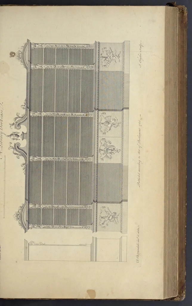 An illustration from The gentleman and cabinet-maker's director : being a large collection of the most elegant and useful designs of household furniture, in the most fashionable taste : including a great variety of chairs, cofas, beds, and couches : china-tables, dressing-tables, shaving-tables, bason-stands, and teakettle-stands : frames for marble-slabs, bureau-dressing-tables, and commodes : writing-tables, and library-tables : library-book-cases, organ-cases for private rooms, or churches, desks, and book-cases : dressing and writing-tables with book-cases, toilets, cabinets, and cloaths-presses : china-cases, china-shelves, and book-shelves : candle-stands, terms for busts, stands for china jars, and pedestals : cisterns for water, lanthorns, and chandeliers : fire-screens, brackets, and clock-cases : pier-glasses, and table-frames : girandoles, chimney-pieces, and picture-frames : stove-grates, boarders, frets, Chinese-railing, and brass-work, for furniture : and other ornaments : to which is prefixed, a short explanation of the five orders of architecture : with proper directions for executing the most difficult pieces, the mouldings being exhibited at large, and the dimensions of each design specified : the whole comprehended in two hundred copper-plates, neatly engraved ..., 1762, leaf 210