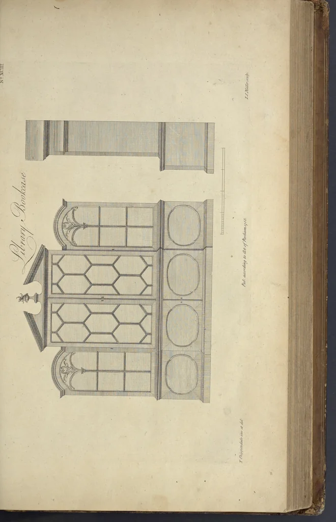 An illustration from The gentleman and cabinet-maker's director : being a large collection of the most elegant and useful designs of household furniture, in the most fashionable taste : including a great variety of chairs, cofas, beds, and couches : china-tables, dressing-tables, shaving-tables, bason-stands, and teakettle-stands : frames for marble-slabs, bureau-dressing-tables, and commodes : writing-tables, and library-tables : library-book-cases, organ-cases for private rooms, or churches, desks, and book-cases : dressing and writing-tables with book-cases, toilets, cabinets, and cloaths-presses : china-cases, china-shelves, and book-shelves : candle-stands, terms for busts, stands for china jars, and pedestals : cisterns for water, lanthorns, and chandeliers : fire-screens, brackets, and clock-cases : pier-glasses, and table-frames : girandoles, chimney-pieces, and picture-frames : stove-grates, boarders, frets, Chinese-railing, and brass-work, for furniture : and other ornaments : to which is prefixed, a short explanation of the five orders of architecture : with proper directions for executing the most difficult pieces, the mouldings being exhibited at large, and the dimensions of each design specified : the whole comprehended in two hundred copper-plates, neatly engraved ..., 1762, leaf 212