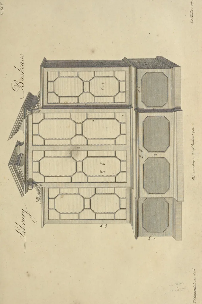 An illustration from The gentleman and cabinet-maker's director : being a large collection of the most elegant and useful designs of household furniture, in the most fashionable taste : including a great variety of chairs, cofas, beds, and couches : china-tables, dressing-tables, shaving-tables, bason-stands, and teakettle-stands : frames for marble-slabs, bureau-dressing-tables, and commodes : writing-tables, and library-tables : library-book-cases, organ-cases for private rooms, or churches, desks, and book-cases : dressing and writing-tables with book-cases, toilets, cabinets, and cloaths-presses : china-cases, china-shelves, and book-shelves : candle-stands, terms for busts, stands for china jars, and pedestals : cisterns for water, lanthorns, and chandeliers : fire-screens, brackets, and clock-cases : pier-glasses, and table-frames : girandoles, chimney-pieces, and picture-frames : stove-grates, boarders, frets, Chinese-railing, and brass-work, for furniture : and other ornaments : to which is prefixed, a short explanation of the five orders of architecture : with proper directions for executing the most difficult pieces, the mouldings being exhibited at large, and the dimensions of each design specified : the whole comprehended in two hundred copper-plates, neatly engraved ..., 1762, leaf 216