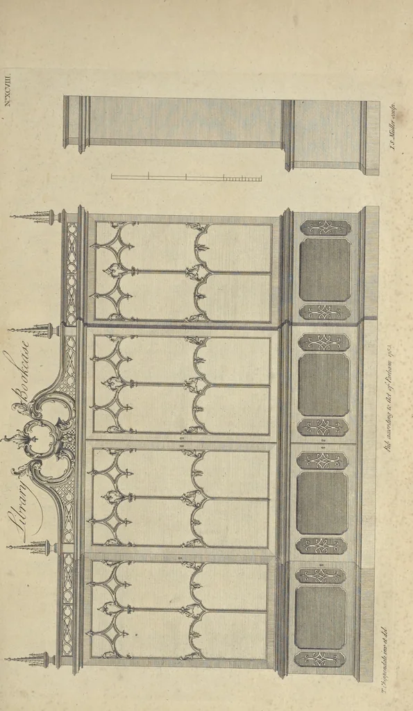An illustration from The gentleman and cabinet-maker's director : being a large collection of the most elegant and useful designs of household furniture, in the most fashionable taste : including a great variety of chairs, cofas, beds, and couches : china-tables, dressing-tables, shaving-tables, bason-stands, and teakettle-stands : frames for marble-slabs, bureau-dressing-tables, and commodes : writing-tables, and library-tables : library-book-cases, organ-cases for private rooms, or churches, desks, and book-cases : dressing and writing-tables with book-cases, toilets, cabinets, and cloaths-presses : china-cases, china-shelves, and book-shelves : candle-stands, terms for busts, stands for china jars, and pedestals : cisterns for water, lanthorns, and chandeliers : fire-screens, brackets, and clock-cases : pier-glasses, and table-frames : girandoles, chimney-pieces, and picture-frames : stove-grates, boarders, frets, Chinese-railing, and brass-work, for furniture : and other ornaments : to which is prefixed, a short explanation of the five orders of architecture : with proper directions for executing the most difficult pieces, the mouldings being exhibited at large, and the dimensions of each design specified : the whole comprehended in two hundred copper-plates, neatly engraved ..., 1762, leaf 220