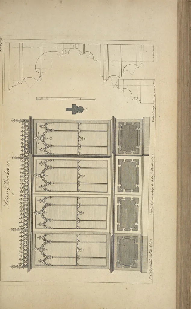 An illustration from The gentleman and cabinet-maker's director : being a large collection of the most elegant and useful designs of household furniture, in the most fashionable taste : including a great variety of chairs, cofas, beds, and couches : china-tables, dressing-tables, shaving-tables, bason-stands, and teakettle-stands : frames for marble-slabs, bureau-dressing-tables, and commodes : writing-tables, and library-tables : library-book-cases, organ-cases for private rooms, or churches, desks, and book-cases : dressing and writing-tables with book-cases, toilets, cabinets, and cloaths-presses : china-cases, china-shelves, and book-shelves : candle-stands, terms for busts, stands for china jars, and pedestals : cisterns for water, lanthorns, and chandeliers : fire-screens, brackets, and clock-cases : pier-glasses, and table-frames : girandoles, chimney-pieces, and picture-frames : stove-grates, boarders, frets, Chinese-railing, and brass-work, for furniture : and other ornaments : to which is prefixed, a short explanation of the five orders of architecture : with proper directions for executing the most difficult pieces, the mouldings being exhibited at large, and the dimensions of each design specified : the whole comprehended in two hundred copper-plates, neatly engraved ..., 1762, leaf 222