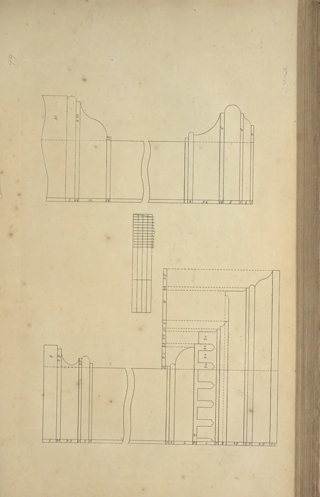 An illustration from The gentleman and cabinet-maker's director : being a large collection of the most elegant and useful designs of household furniture, in the most fashionable taste : including a great variety of chairs, cofas, beds, and couches : china-tables, dressing-tables, shaving-tables, bason-stands, and teakettle-stands : frames for marble-slabs, bureau-dressing-tables, and commodes : writing-tables, and library-tables : library-book-cases, organ-cases for private rooms, or churches, desks, and book-cases : dressing and writing-tables with book-cases, toilets, cabinets, and cloaths-presses : china-cases, china-shelves, and book-shelves : candle-stands, terms for busts, stands for china jars, and pedestals : cisterns for water, lanthorns, and chandeliers : fire-screens, brackets, and clock-cases : pier-glasses, and table-frames : girandoles, chimney-pieces, and picture-frames : stove-grates, boarders, frets, Chinese-railing, and brass-work, for furniture : and other ornaments : to which is prefixed, a short explanation of the five orders of architecture : with proper directions for executing the most difficult pieces, the mouldings being exhibited at large, and the dimensions of each design specified : the whole comprehended in two hundred copper-plates, neatly engraved ..., 1762, leaf 224