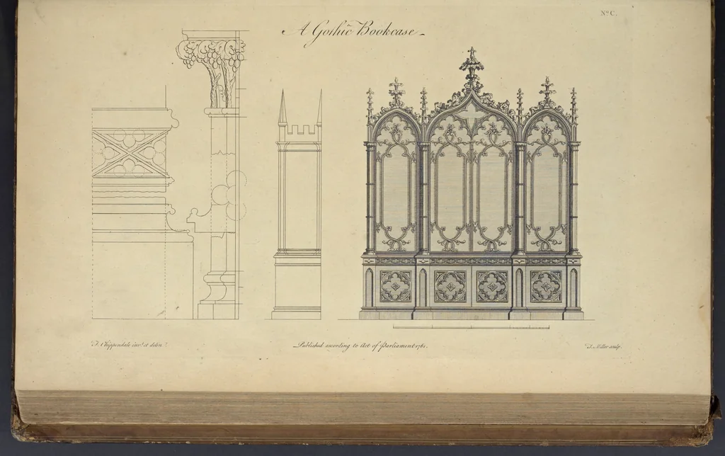 An illustration from The gentleman and cabinet-maker's director : being a large collection of the most elegant and useful designs of household furniture, in the most fashionable taste : including a great variety of chairs, cofas, beds, and couches : china-tables, dressing-tables, shaving-tables, bason-stands, and teakettle-stands : frames for marble-slabs, bureau-dressing-tables, and commodes : writing-tables, and library-tables : library-book-cases, organ-cases for private rooms, or churches, desks, and book-cases : dressing and writing-tables with book-cases, toilets, cabinets, and cloaths-presses : china-cases, china-shelves, and book-shelves : candle-stands, terms for busts, stands for china jars, and pedestals : cisterns for water, lanthorns, and chandeliers : fire-screens, brackets, and clock-cases : pier-glasses, and table-frames : girandoles, chimney-pieces, and picture-frames : stove-grates, boarders, frets, Chinese-railing, and brass-work, for furniture : and other ornaments : to which is prefixed, a short explanation of the five orders of architecture : with proper directions for executing the most difficult pieces, the mouldings being exhibited at large, and the dimensions of each design specified : the whole comprehended in two hundred copper-plates, neatly engraved ..., 1762, leaf 226