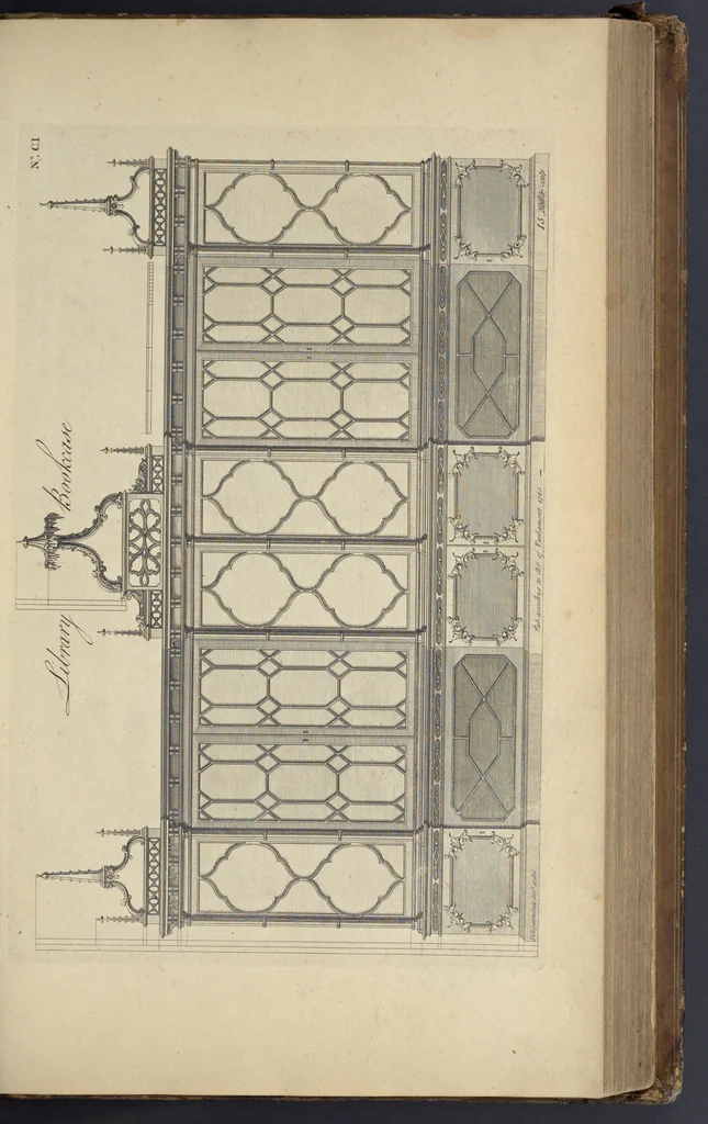 An illustration from The gentleman and cabinet-maker's director : being a large collection of the most elegant and useful designs of household furniture, in the most fashionable taste : including a great variety of chairs, cofas, beds, and couches : china-tables, dressing-tables, shaving-tables, bason-stands, and teakettle-stands : frames for marble-slabs, bureau-dressing-tables, and commodes : writing-tables, and library-tables : library-book-cases, organ-cases for private rooms, or churches, desks, and book-cases : dressing and writing-tables with book-cases, toilets, cabinets, and cloaths-presses : china-cases, china-shelves, and book-shelves : candle-stands, terms for busts, stands for china jars, and pedestals : cisterns for water, lanthorns, and chandeliers : fire-screens, brackets, and clock-cases : pier-glasses, and table-frames : girandoles, chimney-pieces, and picture-frames : stove-grates, boarders, frets, Chinese-railing, and brass-work, for furniture : and other ornaments : to which is prefixed, a short explanation of the five orders of architecture : with proper directions for executing the most difficult pieces, the mouldings being exhibited at large, and the dimensions of each design specified : the whole comprehended in two hundred copper-plates, neatly engraved ..., 1762, leaf 228