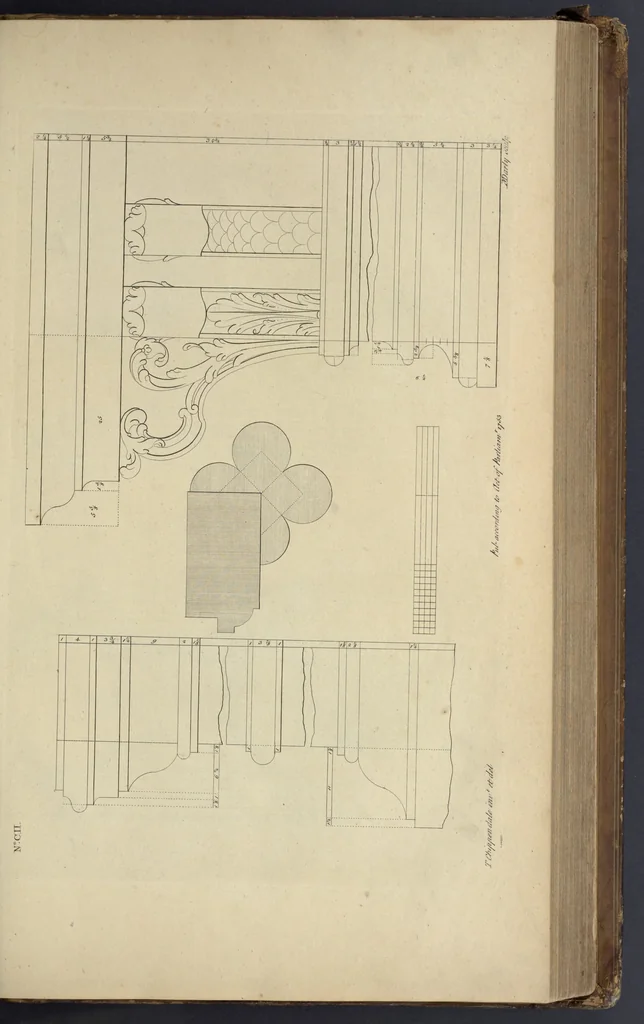 An illustration from The gentleman and cabinet-maker's director : being a large collection of the most elegant and useful designs of household furniture, in the most fashionable taste : including a great variety of chairs, cofas, beds, and couches : china-tables, dressing-tables, shaving-tables, bason-stands, and teakettle-stands : frames for marble-slabs, bureau-dressing-tables, and commodes : writing-tables, and library-tables : library-book-cases, organ-cases for private rooms, or churches, desks, and book-cases : dressing and writing-tables with book-cases, toilets, cabinets, and cloaths-presses : china-cases, china-shelves, and book-shelves : candle-stands, terms for busts, stands for china jars, and pedestals : cisterns for water, lanthorns, and chandeliers : fire-screens, brackets, and clock-cases : pier-glasses, and table-frames : girandoles, chimney-pieces, and picture-frames : stove-grates, boarders, frets, Chinese-railing, and brass-work, for furniture : and other ornaments : to which is prefixed, a short explanation of the five orders of architecture : with proper directions for executing the most difficult pieces, the mouldings being exhibited at large, and the dimensions of each design specified : the whole comprehended in two hundred copper-plates, neatly engraved ..., 1762, leaf 230