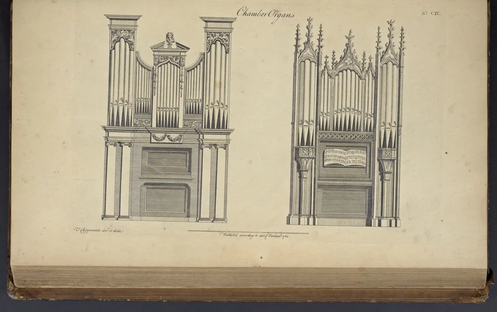 An illustration from The gentleman and cabinet-maker's director : being a large collection of the most elegant and useful designs of household furniture, in the most fashionable taste : including a great variety of chairs, cofas, beds, and couches : china-tables, dressing-tables, shaving-tables, bason-stands, and teakettle-stands : frames for marble-slabs, bureau-dressing-tables, and commodes : writing-tables, and library-tables : library-book-cases, organ-cases for private rooms, or churches, desks, and book-cases : dressing and writing-tables with book-cases, toilets, cabinets, and cloaths-presses : china-cases, china-shelves, and book-shelves : candle-stands, terms for busts, stands for china jars, and pedestals : cisterns for water, lanthorns, and chandeliers : fire-screens, brackets, and clock-cases : pier-glasses, and table-frames : girandoles, chimney-pieces, and picture-frames : stove-grates, boarders, frets, Chinese-railing, and brass-work, for furniture : and other ornaments : to which is prefixed, a short explanation of the five orders of architecture : with proper directions for executing the most difficult pieces, the mouldings being exhibited at large, and the dimensions of each design specified : the whole comprehended in two hundred copper-plates, neatly engraved ..., 1762, leaf 234
