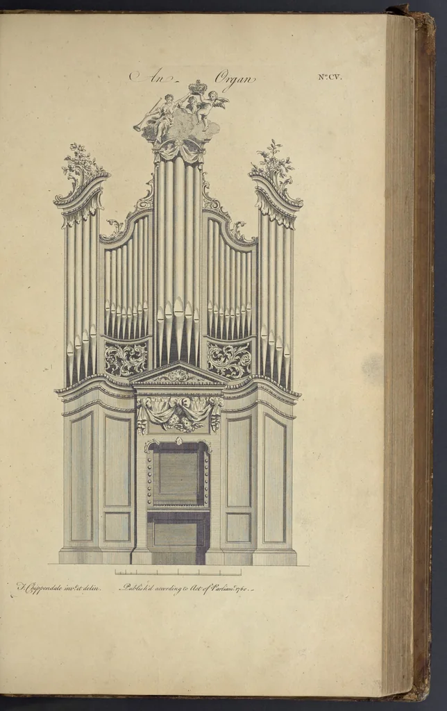 An illustration from The gentleman and cabinet-maker's director : being a large collection of the most elegant and useful designs of household furniture, in the most fashionable taste : including a great variety of chairs, cofas, beds, and couches : china-tables, dressing-tables, shaving-tables, bason-stands, and teakettle-stands : frames for marble-slabs, bureau-dressing-tables, and commodes : writing-tables, and library-tables : library-book-cases, organ-cases for private rooms, or churches, desks, and book-cases : dressing and writing-tables with book-cases, toilets, cabinets, and cloaths-presses : china-cases, china-shelves, and book-shelves : candle-stands, terms for busts, stands for china jars, and pedestals : cisterns for water, lanthorns, and chandeliers : fire-screens, brackets, and clock-cases : pier-glasses, and table-frames : girandoles, chimney-pieces, and picture-frames : stove-grates, boarders, frets, Chinese-railing, and brass-work, for furniture : and other ornaments : to which is prefixed, a short explanation of the five orders of architecture : with proper directions for executing the most difficult pieces, the mouldings being exhibited at large, and the dimensions of each design specified : the whole comprehended in two hundred copper-plates, neatly engraved ..., 1762, leaf 236