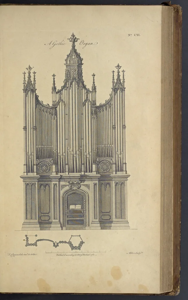 An illustration from The gentleman and cabinet-maker's director : being a large collection of the most elegant and useful designs of household furniture, in the most fashionable taste : including a great variety of chairs, cofas, beds, and couches : china-tables, dressing-tables, shaving-tables, bason-stands, and teakettle-stands : frames for marble-slabs, bureau-dressing-tables, and commodes : writing-tables, and library-tables : library-book-cases, organ-cases for private rooms, or churches, desks, and book-cases : dressing and writing-tables with book-cases, toilets, cabinets, and cloaths-presses : china-cases, china-shelves, and book-shelves : candle-stands, terms for busts, stands for china jars, and pedestals : cisterns for water, lanthorns, and chandeliers : fire-screens, brackets, and clock-cases : pier-glasses, and table-frames : girandoles, chimney-pieces, and picture-frames : stove-grates, boarders, frets, Chinese-railing, and brass-work, for furniture : and other ornaments : to which is prefixed, a short explanation of the five orders of architecture : with proper directions for executing the most difficult pieces, the mouldings being exhibited at large, and the dimensions of each design specified : the whole comprehended in two hundred copper-plates, neatly engraved ..., 1762, leaf 238