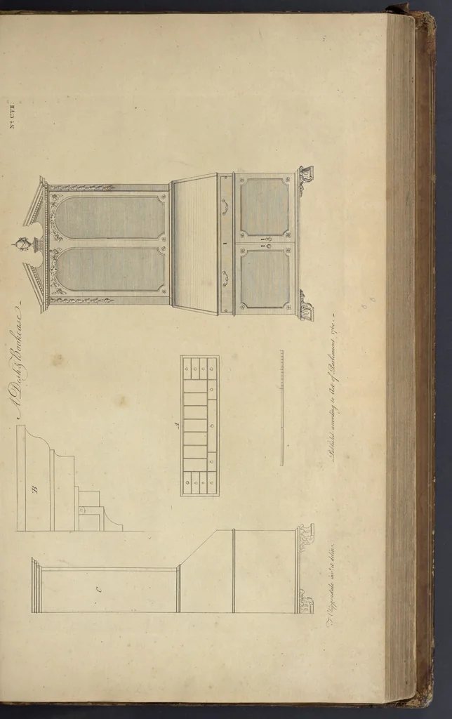 An illustration from The gentleman and cabinet-maker's director : being a large collection of the most elegant and useful designs of household furniture, in the most fashionable taste : including a great variety of chairs, cofas, beds, and couches : china-tables, dressing-tables, shaving-tables, bason-stands, and teakettle-stands : frames for marble-slabs, bureau-dressing-tables, and commodes : writing-tables, and library-tables : library-book-cases, organ-cases for private rooms, or churches, desks, and book-cases : dressing and writing-tables with book-cases, toilets, cabinets, and cloaths-presses : china-cases, china-shelves, and book-shelves : candle-stands, terms for busts, stands for china jars, and pedestals : cisterns for water, lanthorns, and chandeliers : fire-screens, brackets, and clock-cases : pier-glasses, and table-frames : girandoles, chimney-pieces, and picture-frames : stove-grates, boarders, frets, Chinese-railing, and brass-work, for furniture : and other ornaments : to which is prefixed, a short explanation of the five orders of architecture : with proper directions for executing the most difficult pieces, the mouldings being exhibited at large, and the dimensions of each design specified : the whole comprehended in two hundred copper-plates, neatly engraved ..., 1762, leaf 240