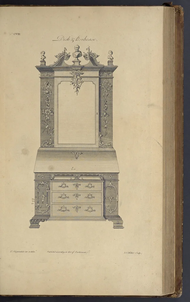 An illustration from The gentleman and cabinet-maker's director : being a large collection of the most elegant and useful designs of household furniture, in the most fashionable taste : including a great variety of chairs, cofas, beds, and couches : china-tables, dressing-tables, shaving-tables, bason-stands, and teakettle-stands : frames for marble-slabs, bureau-dressing-tables, and commodes : writing-tables, and library-tables : library-book-cases, organ-cases for private rooms, or churches, desks, and book-cases : dressing and writing-tables with book-cases, toilets, cabinets, and cloaths-presses : china-cases, china-shelves, and book-shelves : candle-stands, terms for busts, stands for china jars, and pedestals : cisterns for water, lanthorns, and chandeliers : fire-screens, brackets, and clock-cases : pier-glasses, and table-frames : girandoles, chimney-pieces, and picture-frames : stove-grates, boarders, frets, Chinese-railing, and brass-work, for furniture : and other ornaments : to which is prefixed, a short explanation of the five orders of architecture : with proper directions for executing the most difficult pieces, the mouldings being exhibited at large, and the dimensions of each design specified : the whole comprehended in two hundred copper-plates, neatly engraved ..., 1762, leaf 242