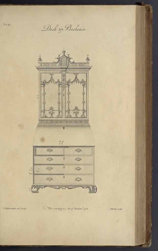 An illustration from The gentleman and cabinet-maker's director : being a large collection of the most elegant and useful designs of household furniture, in the most fashionable taste : including a great variety of chairs, cofas, beds, and couches : china-tables, dressing-tables, shaving-tables, bason-stands, and teakettle-stands : frames for marble-slabs, bureau-dressing-tables, and commodes : writing-tables, and library-tables : library-book-cases, organ-cases for private rooms, or churches, desks, and book-cases : dressing and writing-tables with book-cases, toilets, cabinets, and cloaths-presses : china-cases, china-shelves, and book-shelves : candle-stands, terms for busts, stands for china jars, and pedestals : cisterns for water, lanthorns, and chandeliers : fire-screens, brackets, and clock-cases : pier-glasses, and table-frames : girandoles, chimney-pieces, and picture-frames : stove-grates, boarders, frets, Chinese-railing, and brass-work, for furniture : and other ornaments : to which is prefixed, a short explanation of the five orders of architecture : with proper directions for executing the most difficult pieces, the mouldings being exhibited at large, and the dimensions of each design specified : the whole comprehended in two hundred copper-plates, neatly engraved ..., 1762, leaf 244