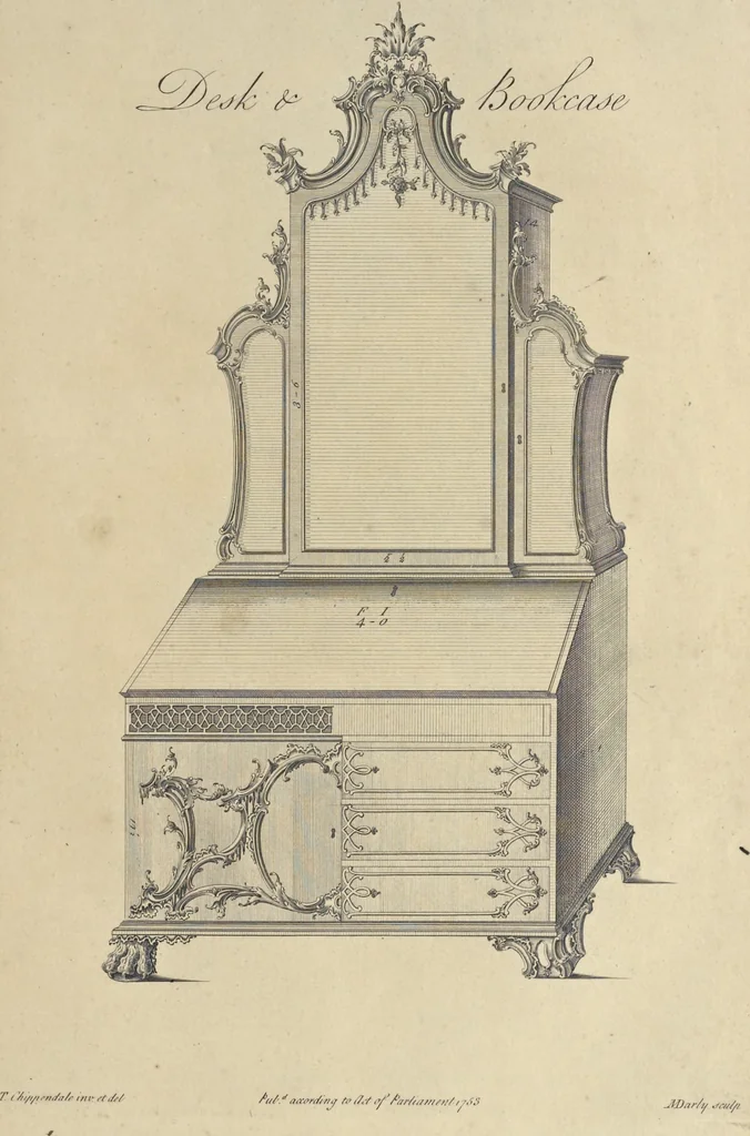 An illustration from The gentleman and cabinet-maker's director : being a large collection of the most elegant and useful designs of household furniture, in the most fashionable taste : including a great variety of chairs, cofas, beds, and couches : china-tables, dressing-tables, shaving-tables, bason-stands, and teakettle-stands : frames for marble-slabs, bureau-dressing-tables, and commodes : writing-tables, and library-tables : library-book-cases, organ-cases for private rooms, or churches, desks, and book-cases : dressing and writing-tables with book-cases, toilets, cabinets, and cloaths-presses : china-cases, china-shelves, and book-shelves : candle-stands, terms for busts, stands for china jars, and pedestals : cisterns for water, lanthorns, and chandeliers : fire-screens, brackets, and clock-cases : pier-glasses, and table-frames : girandoles, chimney-pieces, and picture-frames : stove-grates, boarders, frets, Chinese-railing, and brass-work, for furniture : and other ornaments : to which is prefixed, a short explanation of the five orders of architecture : with proper directions for executing the most difficult pieces, the mouldings being exhibited at large, and the dimensions of each design specified : the whole comprehended in two hundred copper-plates, neatly engraved ..., 1762, leaf 246