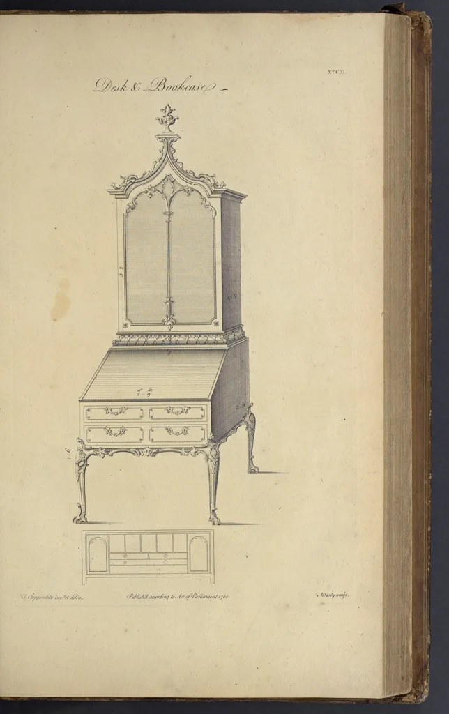 An illustration from The gentleman and cabinet-maker's director : being a large collection of the most elegant and useful designs of household furniture, in the most fashionable taste : including a great variety of chairs, cofas, beds, and couches : china-tables, dressing-tables, shaving-tables, bason-stands, and teakettle-stands : frames for marble-slabs, bureau-dressing-tables, and commodes : writing-tables, and library-tables : library-book-cases, organ-cases for private rooms, or churches, desks, and book-cases : dressing and writing-tables with book-cases, toilets, cabinets, and cloaths-presses : china-cases, china-shelves, and book-shelves : candle-stands, terms for busts, stands for china jars, and pedestals : cisterns for water, lanthorns, and chandeliers : fire-screens, brackets, and clock-cases : pier-glasses, and table-frames : girandoles, chimney-pieces, and picture-frames : stove-grates, boarders, frets, Chinese-railing, and brass-work, for furniture : and other ornaments : to which is prefixed, a short explanation of the five orders of architecture : with proper directions for executing the most difficult pieces, the mouldings being exhibited at large, and the dimensions of each design specified : the whole comprehended in two hundred copper-plates, neatly engraved ..., 1762, leaf 248