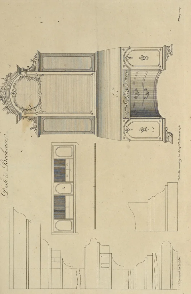 An illustration from The gentleman and cabinet-maker's director : being a large collection of the most elegant and useful designs of household furniture, in the most fashionable taste : including a great variety of chairs, cofas, beds, and couches : china-tables, dressing-tables, shaving-tables, bason-stands, and teakettle-stands : frames for marble-slabs, bureau-dressing-tables, and commodes : writing-tables, and library-tables : library-book-cases, organ-cases for private rooms, or churches, desks, and book-cases : dressing and writing-tables with book-cases, toilets, cabinets, and cloaths-presses : china-cases, china-shelves, and book-shelves : candle-stands, terms for busts, stands for china jars, and pedestals : cisterns for water, lanthorns, and chandeliers : fire-screens, brackets, and clock-cases : pier-glasses, and table-frames : girandoles, chimney-pieces, and picture-frames : stove-grates, boarders, frets, Chinese-railing, and brass-work, for furniture : and other ornaments : to which is prefixed, a short explanation of the five orders of architecture : with proper directions for executing the most difficult pieces, the mouldings being exhibited at large, and the dimensions of each design specified : the whole comprehended in two hundred copper-plates, neatly engraved ..., 1762, leaf 250