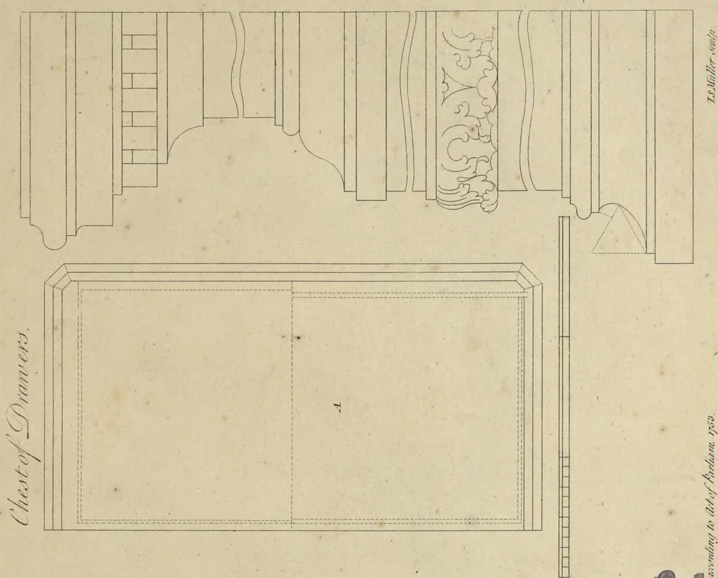 An illustration from The gentleman and cabinet-maker's director : being a large collection of the most elegant and useful designs of household furniture, in the most fashionable taste : including a great variety of chairs, cofas, beds, and couches : china-tables, dressing-tables, shaving-tables, bason-stands, and teakettle-stands : frames for marble-slabs, bureau-dressing-tables, and commodes : writing-tables, and library-tables : library-book-cases, organ-cases for private rooms, or churches, desks, and book-cases : dressing and writing-tables with book-cases, toilets, cabinets, and cloaths-presses : china-cases, china-shelves, and book-shelves : candle-stands, terms for busts, stands for china jars, and pedestals : cisterns for water, lanthorns, and chandeliers : fire-screens, brackets, and clock-cases : pier-glasses, and table-frames : girandoles, chimney-pieces, and picture-frames : stove-grates, boarders, frets, Chinese-railing, and brass-work, for furniture : and other ornaments : to which is prefixed, a short explanation of the five orders of architecture : with proper directions for executing the most difficult pieces, the mouldings being exhibited at large, and the dimensions of each design specified : the whole comprehended in two hundred copper-plates, neatly engraved ..., 1762, leaf 252