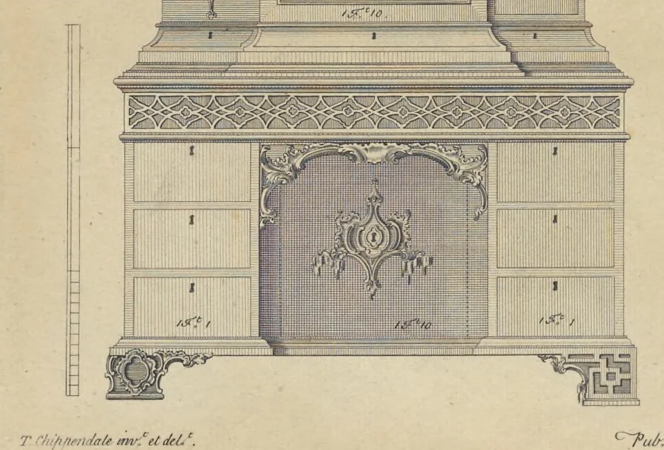 An illustration from The gentleman and cabinet-maker's director : being a large collection of the most elegant and useful designs of household furniture, in the most fashionable taste : including a great variety of chairs, cofas, beds, and couches : china-tables, dressing-tables, shaving-tables, bason-stands, and teakettle-stands : frames for marble-slabs, bureau-dressing-tables, and commodes : writing-tables, and library-tables : library-book-cases, organ-cases for private rooms, or churches, desks, and book-cases : dressing and writing-tables with book-cases, toilets, cabinets, and cloaths-presses : china-cases, china-shelves, and book-shelves : candle-stands, terms for busts, stands for china jars, and pedestals : cisterns for water, lanthorns, and chandeliers : fire-screens, brackets, and clock-cases : pier-glasses, and table-frames : girandoles, chimney-pieces, and picture-frames : stove-grates, boarders, frets, Chinese-railing, and brass-work, for furniture : and other ornaments : to which is prefixed, a short explanation of the five orders of architecture : with proper directions for executing the most difficult pieces, the mouldings being exhibited at large, and the dimensions of each design specified : the whole comprehended in two hundred copper-plates, neatly engraved ..., 1762, leaf 254
