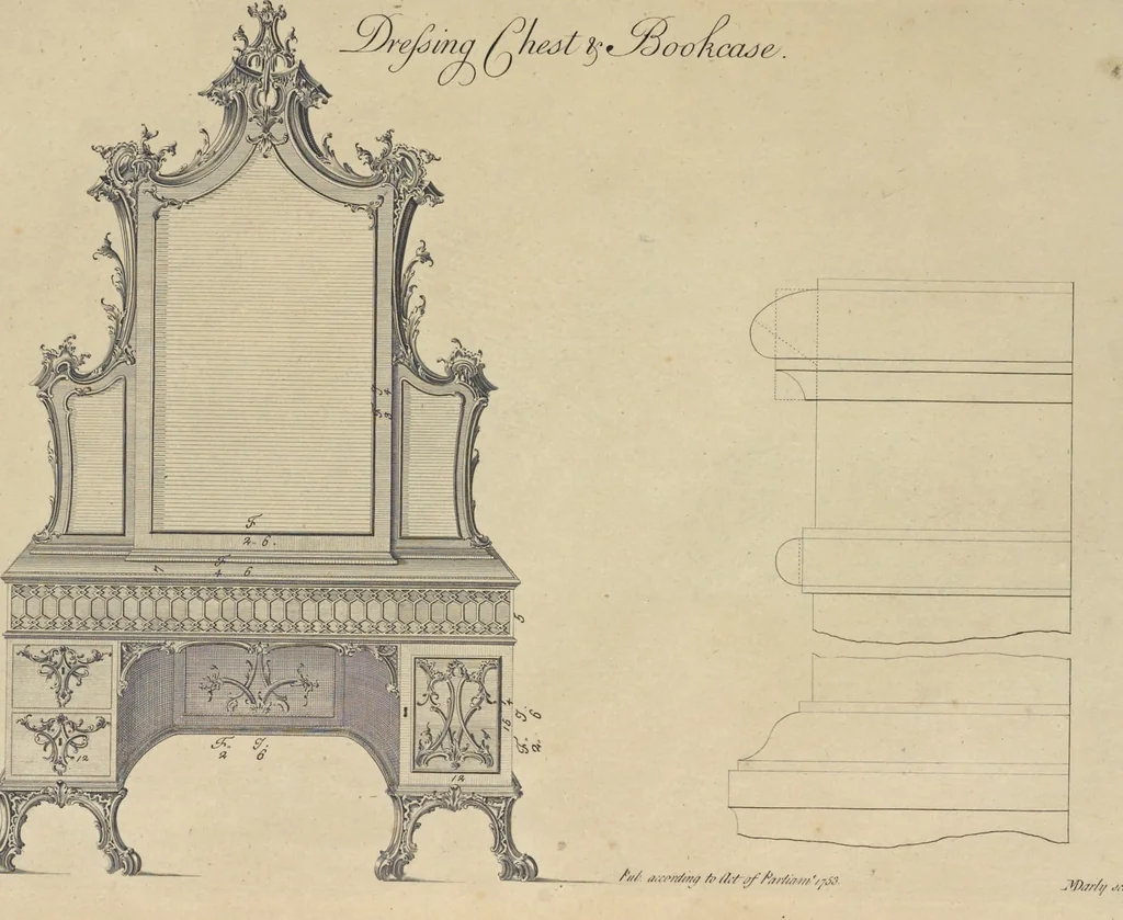 An illustration from The gentleman and cabinet-maker's director : being a large collection of the most elegant and useful designs of household furniture, in the most fashionable taste : including a great variety of chairs, cofas, beds, and couches : china-tables, dressing-tables, shaving-tables, bason-stands, and teakettle-stands : frames for marble-slabs, bureau-dressing-tables, and commodes : writing-tables, and library-tables : library-book-cases, organ-cases for private rooms, or churches, desks, and book-cases : dressing and writing-tables with book-cases, toilets, cabinets, and cloaths-presses : china-cases, china-shelves, and book-shelves : candle-stands, terms for busts, stands for china jars, and pedestals : cisterns for water, lanthorns, and chandeliers : fire-screens, brackets, and clock-cases : pier-glasses, and table-frames : girandoles, chimney-pieces, and picture-frames : stove-grates, boarders, frets, Chinese-railing, and brass-work, for furniture : and other ornaments : to which is prefixed, a short explanation of the five orders of architecture : with proper directions for executing the most difficult pieces, the mouldings being exhibited at large, and the dimensions of each design specified : the whole comprehended in two hundred copper-plates, neatly engraved ..., 1762, leaf 256