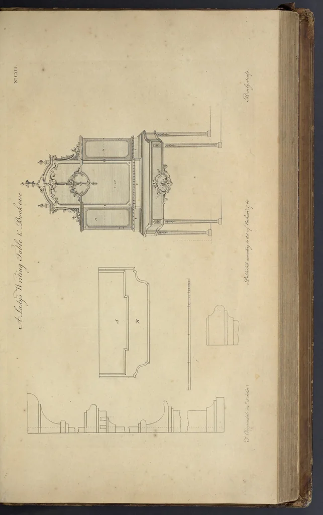An illustration from The gentleman and cabinet-maker's director : being a large collection of the most elegant and useful designs of household furniture, in the most fashionable taste : including a great variety of chairs, cofas, beds, and couches : china-tables, dressing-tables, shaving-tables, bason-stands, and teakettle-stands : frames for marble-slabs, bureau-dressing-tables, and commodes : writing-tables, and library-tables : library-book-cases, organ-cases for private rooms, or churches, desks, and book-cases : dressing and writing-tables with book-cases, toilets, cabinets, and cloaths-presses : china-cases, china-shelves, and book-shelves : candle-stands, terms for busts, stands for china jars, and pedestals : cisterns for water, lanthorns, and chandeliers : fire-screens, brackets, and clock-cases : pier-glasses, and table-frames : girandoles, chimney-pieces, and picture-frames : stove-grates, boarders, frets, Chinese-railing, and brass-work, for furniture : and other ornaments : to which is prefixed, a short explanation of the five orders of architecture : with proper directions for executing the most difficult pieces, the mouldings being exhibited at large, and the dimensions of each design specified : the whole comprehended in two hundred copper-plates, neatly engraved ..., 1762, leaf 258