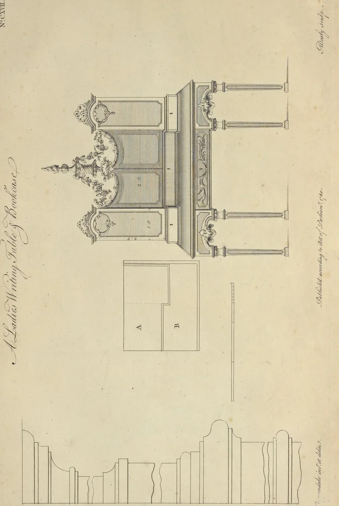 An illustration from The gentleman and cabinet-maker's director : being a large collection of the most elegant and useful designs of household furniture, in the most fashionable taste : including a great variety of chairs, cofas, beds, and couches : china-tables, dressing-tables, shaving-tables, bason-stands, and teakettle-stands : frames for marble-slabs, bureau-dressing-tables, and commodes : writing-tables, and library-tables : library-book-cases, organ-cases for private rooms, or churches, desks, and book-cases : dressing and writing-tables with book-cases, toilets, cabinets, and cloaths-presses : china-cases, china-shelves, and book-shelves : candle-stands, terms for busts, stands for china jars, and pedestals : cisterns for water, lanthorns, and chandeliers : fire-screens, brackets, and clock-cases : pier-glasses, and table-frames : girandoles, chimney-pieces, and picture-frames : stove-grates, boarders, frets, Chinese-railing, and brass-work, for furniture : and other ornaments : to which is prefixed, a short explanation of the five orders of architecture : with proper directions for executing the most difficult pieces, the mouldings being exhibited at large, and the dimensions of each design specified : the whole comprehended in two hundred copper-plates, neatly engraved ..., 1762, leaf 260