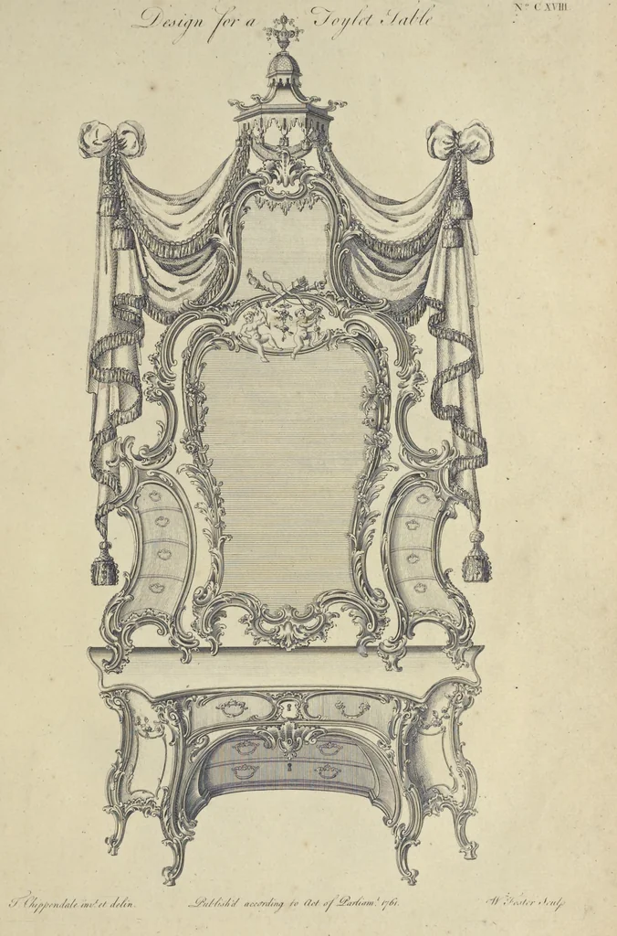 An illustration from The gentleman and cabinet-maker's director : being a large collection of the most elegant and useful designs of household furniture, in the most fashionable taste : including a great variety of chairs, cofas, beds, and couches : china-tables, dressing-tables, shaving-tables, bason-stands, and teakettle-stands : frames for marble-slabs, bureau-dressing-tables, and commodes : writing-tables, and library-tables : library-book-cases, organ-cases for private rooms, or churches, desks, and book-cases : dressing and writing-tables with book-cases, toilets, cabinets, and cloaths-presses : china-cases, china-shelves, and book-shelves : candle-stands, terms for busts, stands for china jars, and pedestals : cisterns for water, lanthorns, and chandeliers : fire-screens, brackets, and clock-cases : pier-glasses, and table-frames : girandoles, chimney-pieces, and picture-frames : stove-grates, boarders, frets, Chinese-railing, and brass-work, for furniture : and other ornaments : to which is prefixed, a short explanation of the five orders of architecture : with proper directions for executing the most difficult pieces, the mouldings being exhibited at large, and the dimensions of each design specified : the whole comprehended in two hundred copper-plates, neatly engraved ..., 1762, leaf 262