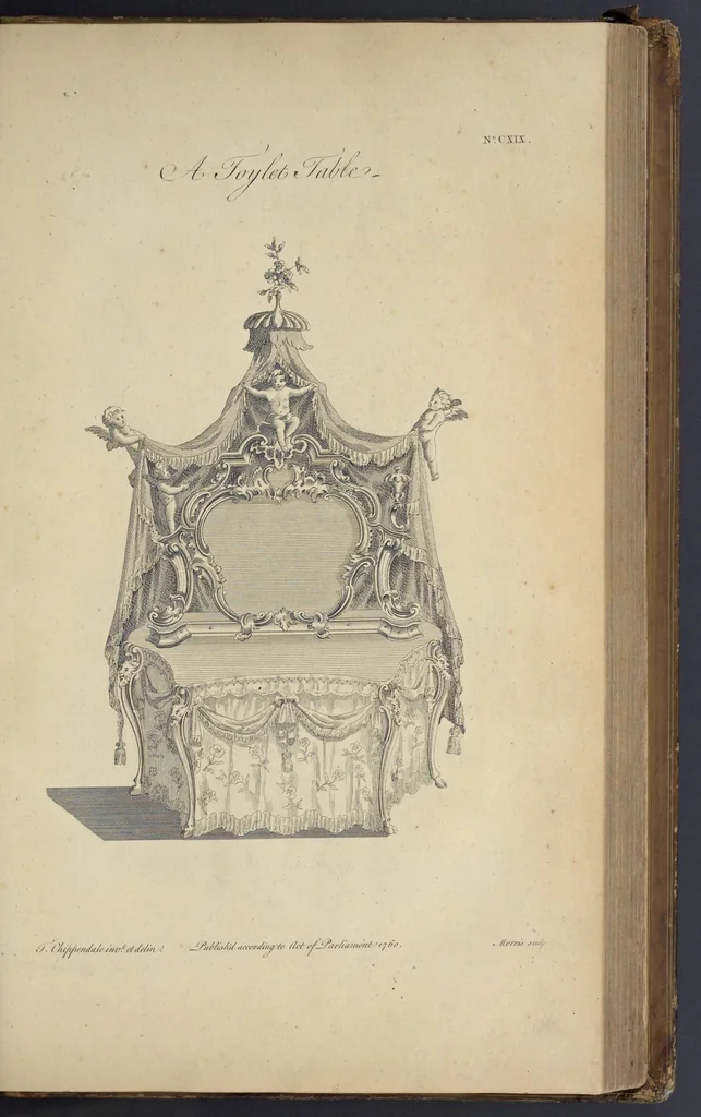 An illustration from The gentleman and cabinet-maker's director : being a large collection of the most elegant and useful designs of household furniture, in the most fashionable taste : including a great variety of chairs, cofas, beds, and couches : china-tables, dressing-tables, shaving-tables, bason-stands, and teakettle-stands : frames for marble-slabs, bureau-dressing-tables, and commodes : writing-tables, and library-tables : library-book-cases, organ-cases for private rooms, or churches, desks, and book-cases : dressing and writing-tables with book-cases, toilets, cabinets, and cloaths-presses : china-cases, china-shelves, and book-shelves : candle-stands, terms for busts, stands for china jars, and pedestals : cisterns for water, lanthorns, and chandeliers : fire-screens, brackets, and clock-cases : pier-glasses, and table-frames : girandoles, chimney-pieces, and picture-frames : stove-grates, boarders, frets, Chinese-railing, and brass-work, for furniture : and other ornaments : to which is prefixed, a short explanation of the five orders of architecture : with proper directions for executing the most difficult pieces, the mouldings being exhibited at large, and the dimensions of each design specified : the whole comprehended in two hundred copper-plates, neatly engraved ..., 1762, leaf 264