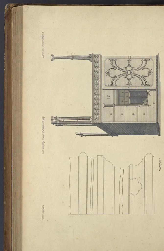 An illustration from The gentleman and cabinet-maker's director : being a large collection of the most elegant and useful designs of household furniture, in the most fashionable taste : including a great variety of chairs, cofas, beds, and couches : china-tables, dressing-tables, shaving-tables, bason-stands, and teakettle-stands : frames for marble-slabs, bureau-dressing-tables, and commodes : writing-tables, and library-tables : library-book-cases, organ-cases for private rooms, or churches, desks, and book-cases : dressing and writing-tables with book-cases, toilets, cabinets, and cloaths-presses : china-cases, china-shelves, and book-shelves : candle-stands, terms for busts, stands for china jars, and pedestals : cisterns for water, lanthorns, and chandeliers : fire-screens, brackets, and clock-cases : pier-glasses, and table-frames : girandoles, chimney-pieces, and picture-frames : stove-grates, boarders, frets, Chinese-railing, and brass-work, for furniture : and other ornaments : to which is prefixed, a short explanation of the five orders of architecture : with proper directions for executing the most difficult pieces, the mouldings being exhibited at large, and the dimensions of each design specified : the whole comprehended in two hundred copper-plates, neatly engraved ..., 1762, leaf 268