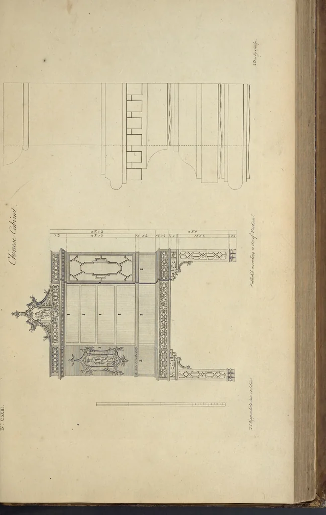 An illustration from The gentleman and cabinet-maker's director : being a large collection of the most elegant and useful designs of household furniture, in the most fashionable taste : including a great variety of chairs, cofas, beds, and couches : china-tables, dressing-tables, shaving-tables, bason-stands, and teakettle-stands : frames for marble-slabs, bureau-dressing-tables, and commodes : writing-tables, and library-tables : library-book-cases, organ-cases for private rooms, or churches, desks, and book-cases : dressing and writing-tables with book-cases, toilets, cabinets, and cloaths-presses : china-cases, china-shelves, and book-shelves : candle-stands, terms for busts, stands for china jars, and pedestals : cisterns for water, lanthorns, and chandeliers : fire-screens, brackets, and clock-cases : pier-glasses, and table-frames : girandoles, chimney-pieces, and picture-frames : stove-grates, boarders, frets, Chinese-railing, and brass-work, for furniture : and other ornaments : to which is prefixed, a short explanation of the five orders of architecture : with proper directions for executing the most difficult pieces, the mouldings being exhibited at large, and the dimensions of each design specified : the whole comprehended in two hundred copper-plates, neatly engraved ..., 1762, leaf 272