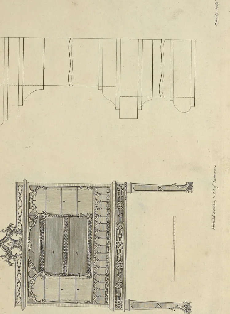 An illustration from The gentleman and cabinet-maker's director : being a large collection of the most elegant and useful designs of household furniture, in the most fashionable taste : including a great variety of chairs, cofas, beds, and couches : china-tables, dressing-tables, shaving-tables, bason-stands, and teakettle-stands : frames for marble-slabs, bureau-dressing-tables, and commodes : writing-tables, and library-tables : library-book-cases, organ-cases for private rooms, or churches, desks, and book-cases : dressing and writing-tables with book-cases, toilets, cabinets, and cloaths-presses : china-cases, china-shelves, and book-shelves : candle-stands, terms for busts, stands for china jars, and pedestals : cisterns for water, lanthorns, and chandeliers : fire-screens, brackets, and clock-cases : pier-glasses, and table-frames : girandoles, chimney-pieces, and picture-frames : stove-grates, boarders, frets, Chinese-railing, and brass-work, for furniture : and other ornaments : to which is prefixed, a short explanation of the five orders of architecture : with proper directions for executing the most difficult pieces, the mouldings being exhibited at large, and the dimensions of each design specified : the whole comprehended in two hundred copper-plates, neatly engraved ..., 1762, leaf 274