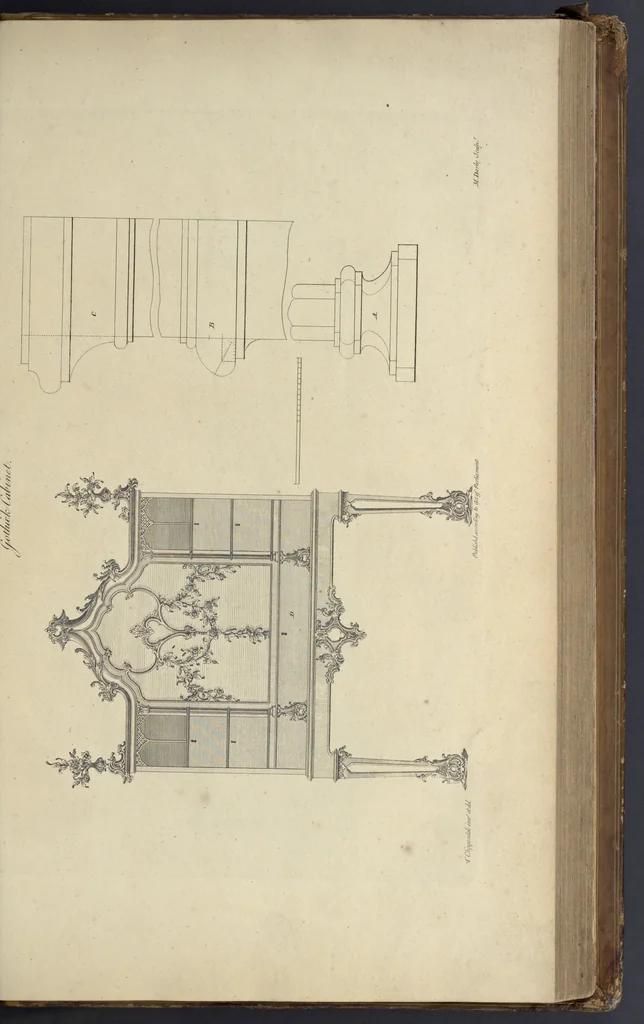 An illustration from The gentleman and cabinet-maker's director : being a large collection of the most elegant and useful designs of household furniture, in the most fashionable taste : including a great variety of chairs, cofas, beds, and couches : china-tables, dressing-tables, shaving-tables, bason-stands, and teakettle-stands : frames for marble-slabs, bureau-dressing-tables, and commodes : writing-tables, and library-tables : library-book-cases, organ-cases for private rooms, or churches, desks, and book-cases : dressing and writing-tables with book-cases, toilets, cabinets, and cloaths-presses : china-cases, china-shelves, and book-shelves : candle-stands, terms for busts, stands for china jars, and pedestals : cisterns for water, lanthorns, and chandeliers : fire-screens, brackets, and clock-cases : pier-glasses, and table-frames : girandoles, chimney-pieces, and picture-frames : stove-grates, boarders, frets, Chinese-railing, and brass-work, for furniture : and other ornaments : to which is prefixed, a short explanation of the five orders of architecture : with proper directions for executing the most difficult pieces, the mouldings being exhibited at large, and the dimensions of each design specified : the whole comprehended in two hundred copper-plates, neatly engraved ..., 1762, leaf 276